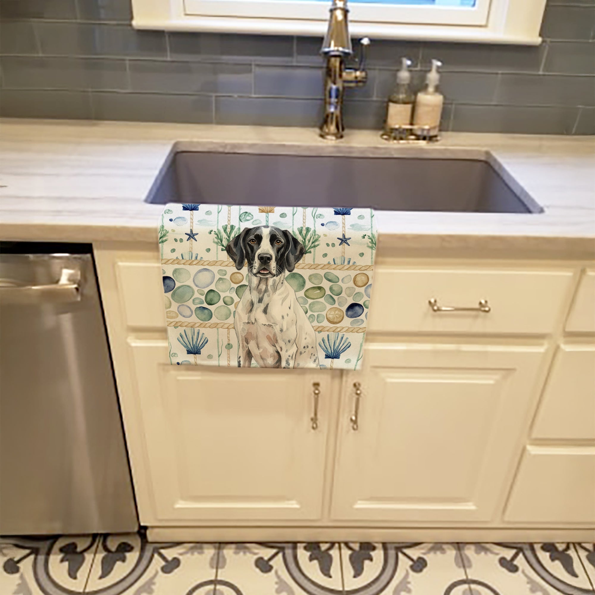 Black and White Pointer Coastal Sea Glass Kitchen Towel Velour Plush Front and Cotton Loop Back Machine Washable