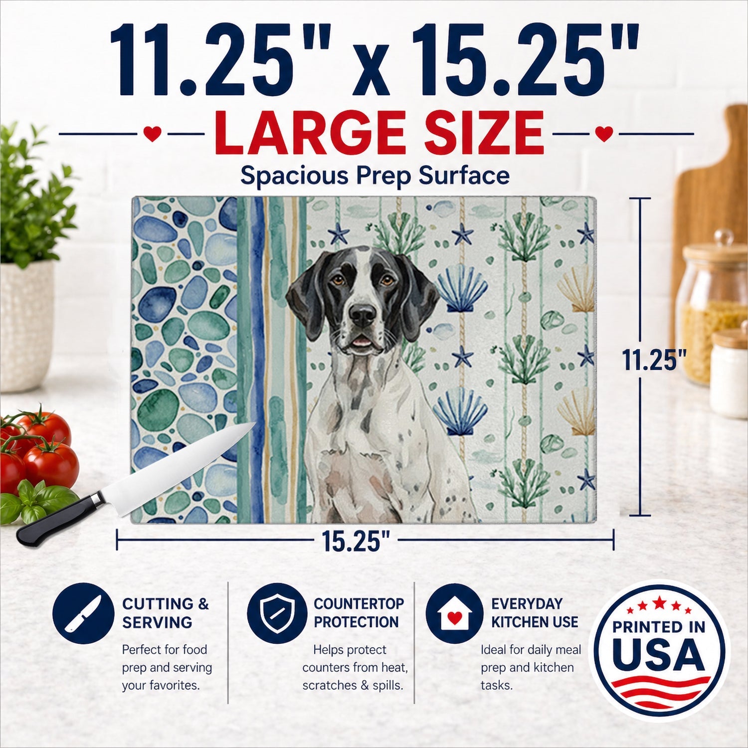 Black and White Pointer Coastal Sea Glass Cutting Board Tempered Glass Kitchen Cutting Surface, Heat Resistant Chopping, Non-Slip Feet, Food Prep & Serving