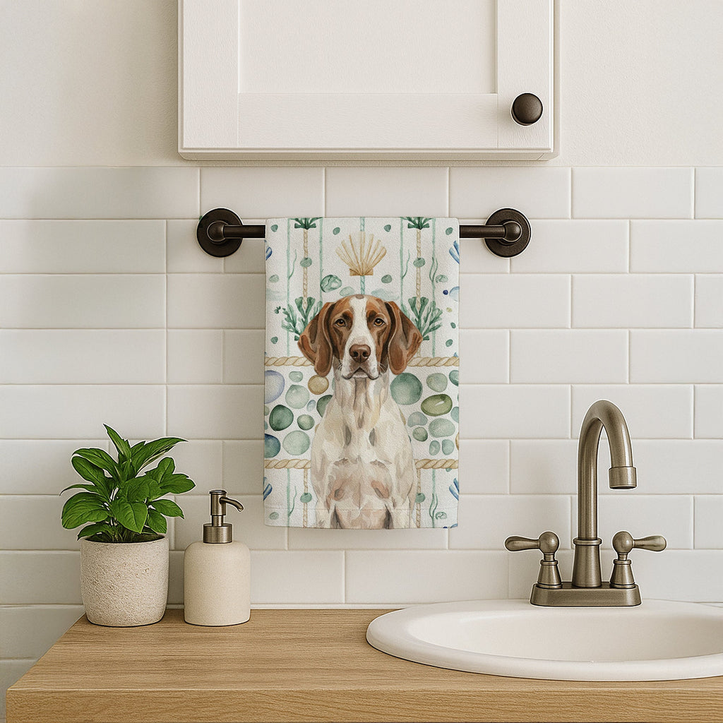 Liver and White Pointer Coastal Sea Glass Kitchen Towel Velour Plush Front and Cotton Loop Back Machine Washable