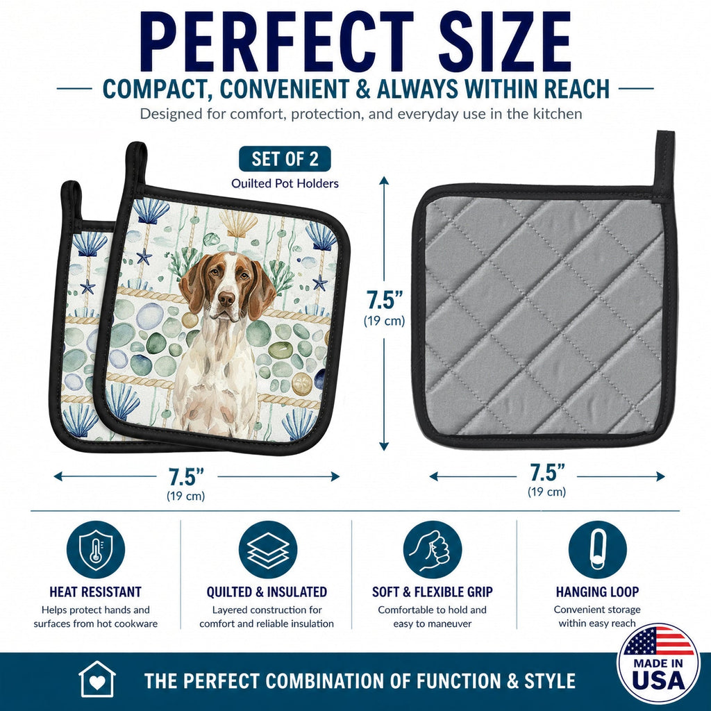 Liver and White Pointer Coastal Sea Glass Pot Holder Set of 2 Heat Resistant Quilted Hot Pads 7.5 x 7.5 Inch, Insulated Kitchen Trivets for Cooking & Baking