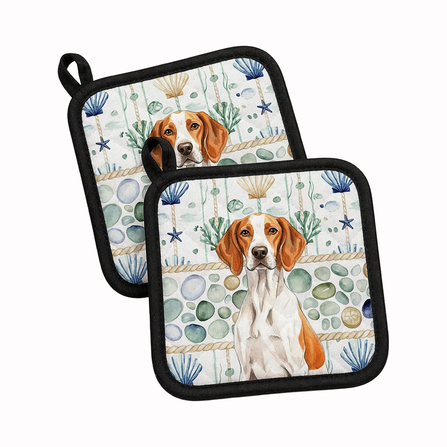 Orange and White Pointer Coastal Sea Glass Pot Holder Set of 2 Heat Resistant Quilted Hot Pads 7.5 x 7.5 Inch, Insulated Kitchen Trivets for Cooking & Baking