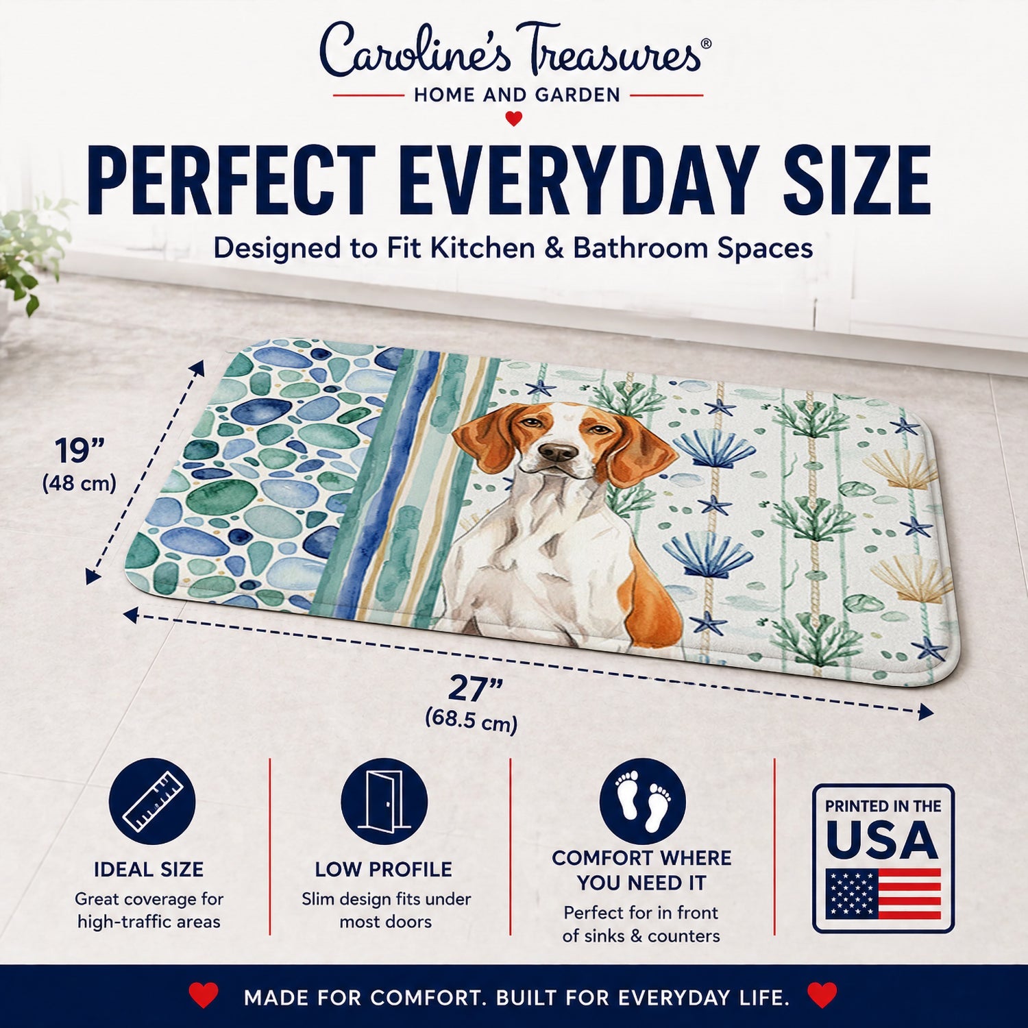 Orange and White Pointer Coastal Sea Glass Memory Foam Kitchen Mat Machine Washable Anti-Fatigue Cushion Comfort Bath or Kitchen Rug
