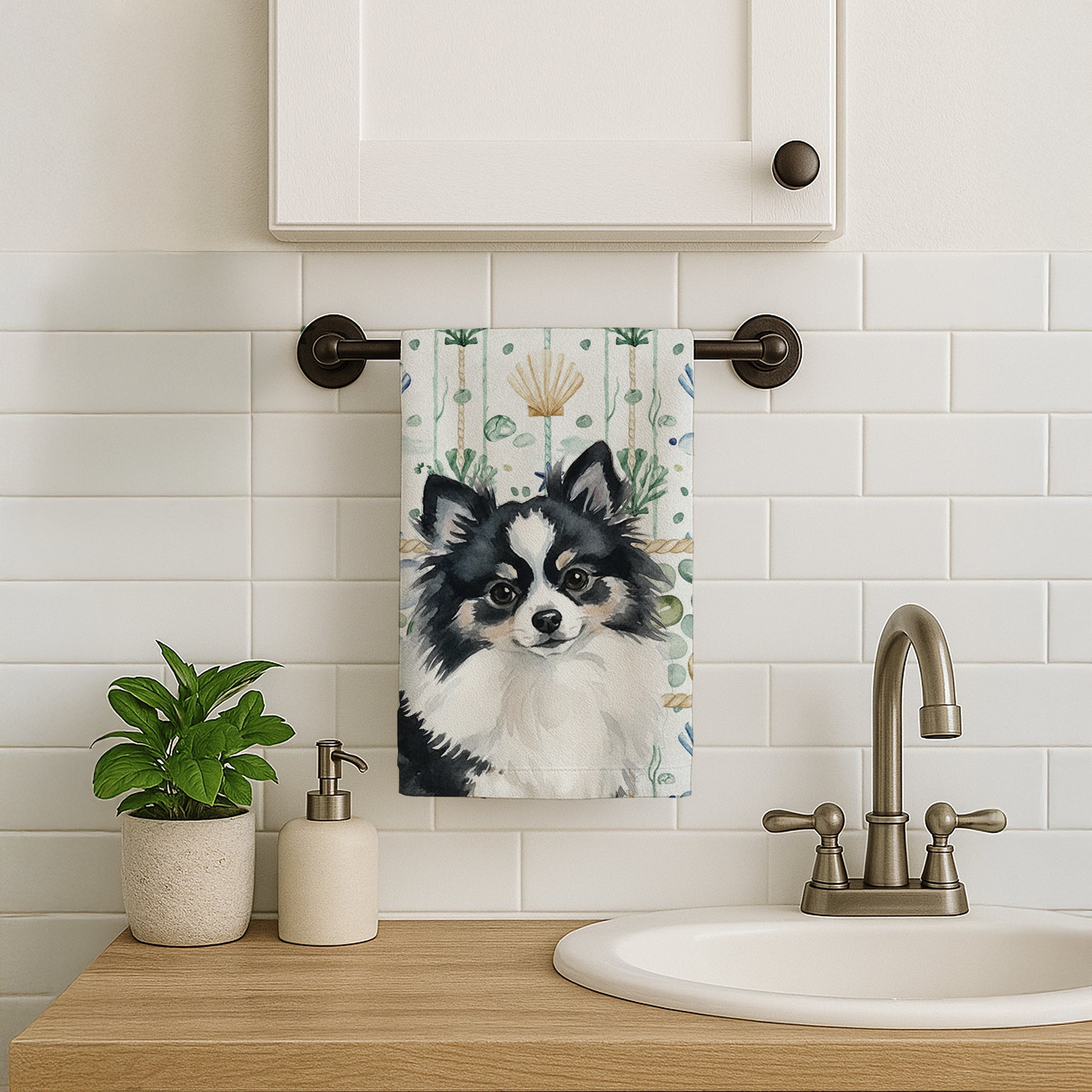 Black and White Pomeranian Coastal Sea Glass Kitchen Towel Velour Plush Front and Cotton Loop Back Machine Washable