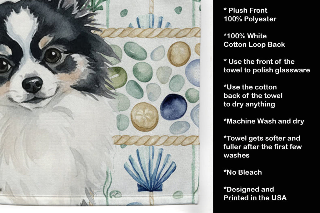 Black and White Pomeranian Coastal Sea Glass Kitchen Towel Velour Plush Front and Cotton Loop Back Machine Washable