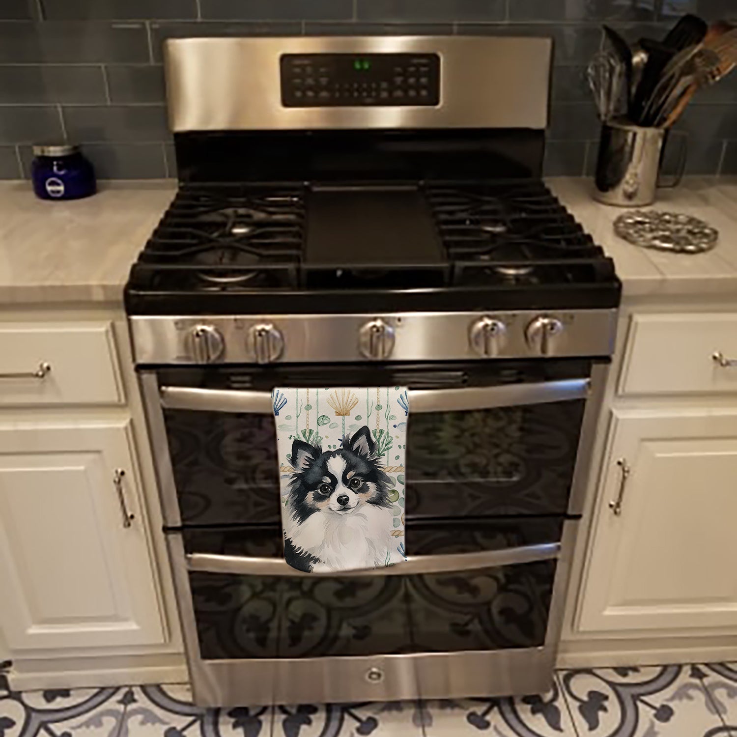 Black and White Pomeranian Coastal Sea Glass Kitchen Towel Velour Plush Front and Cotton Loop Back Machine Washable