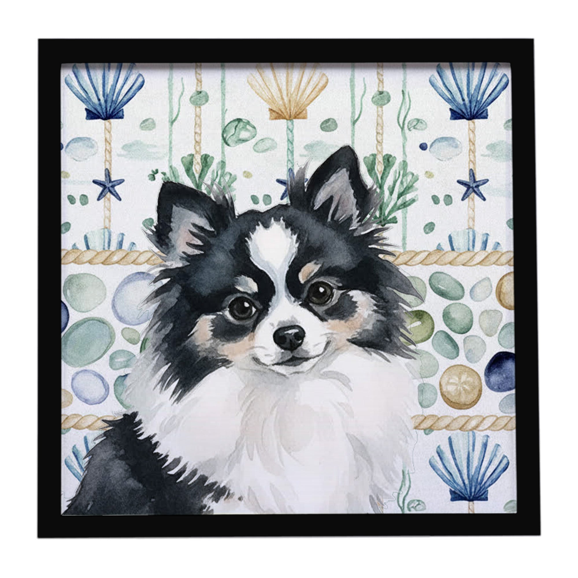 Black and White Pomeranian Coastal Sea Glass Framed Metal Print Bathroom, Kitchen, Office, Home Decor Wall Art Ready to Hang, Square, 8X8