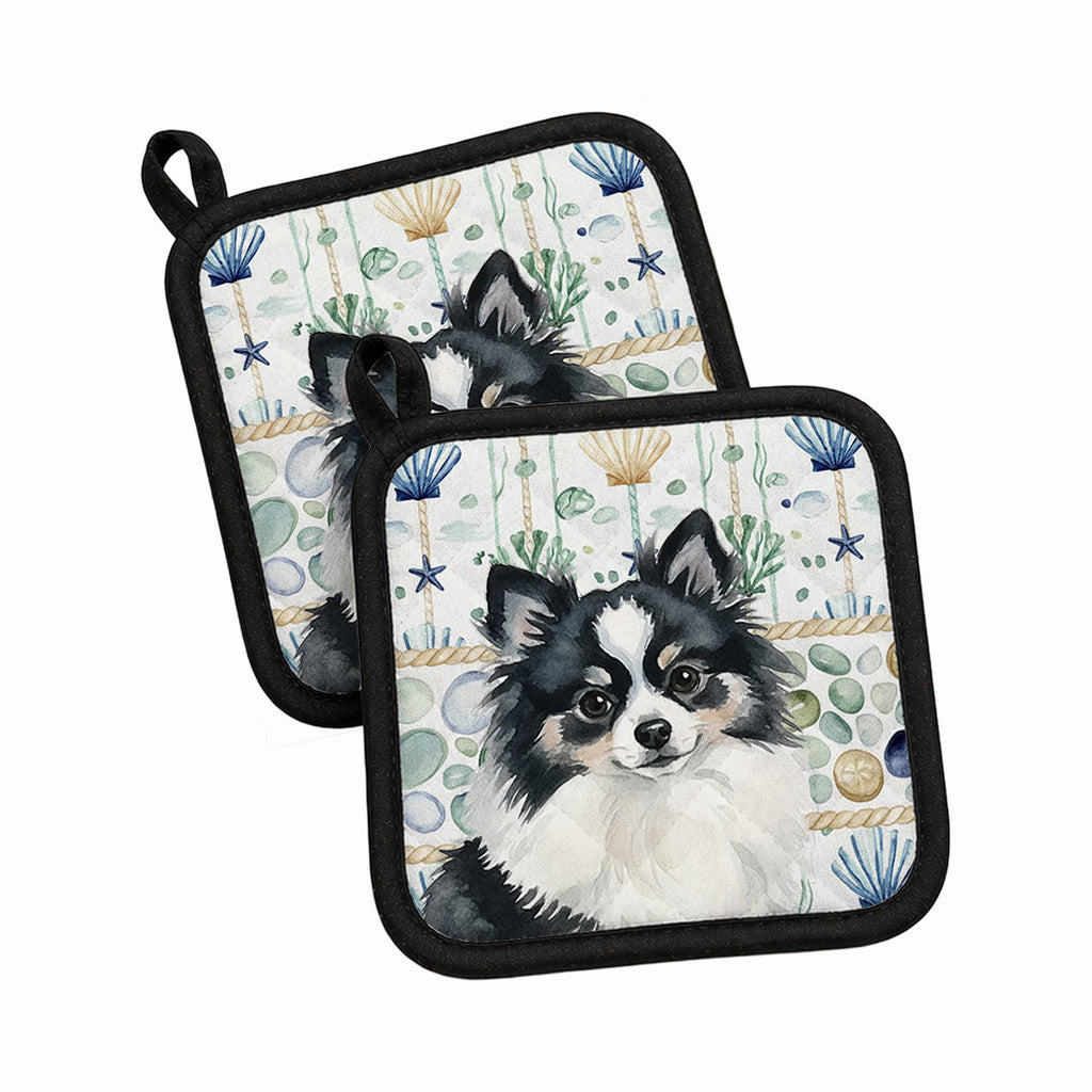 Black and White Pomeranian Coastal Sea Glass Pot Holder Set of 2 Heat Resistant Quilted Hot Pads 7.5 x 7.5 Inch, Insulated Kitchen Trivets for Cooking & Baking