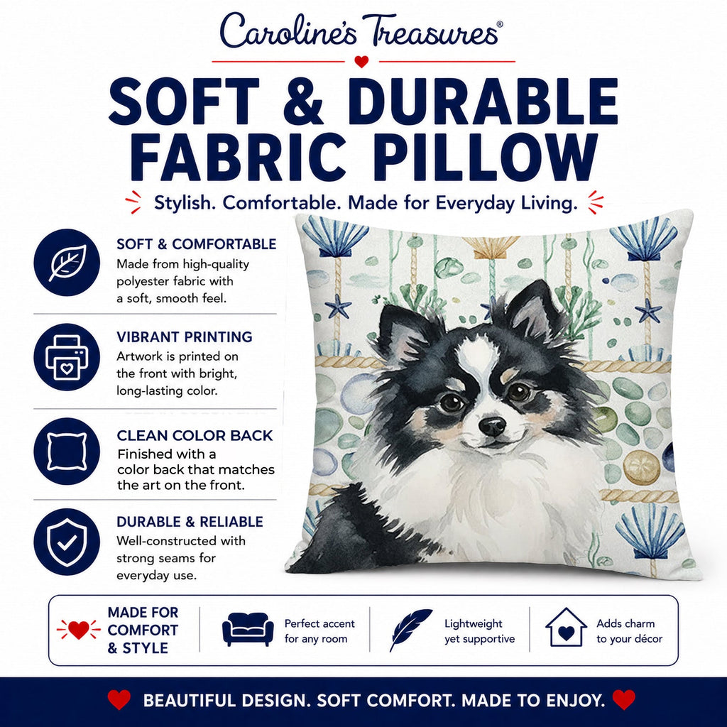 Black and White Pomeranian Coastal Sea Glass Decorative Throw Pillow 14x14 Indoor Outdoor Accent Cushion, Fabric Cover with Insert for Sofa, Bed, Porch & Living Room