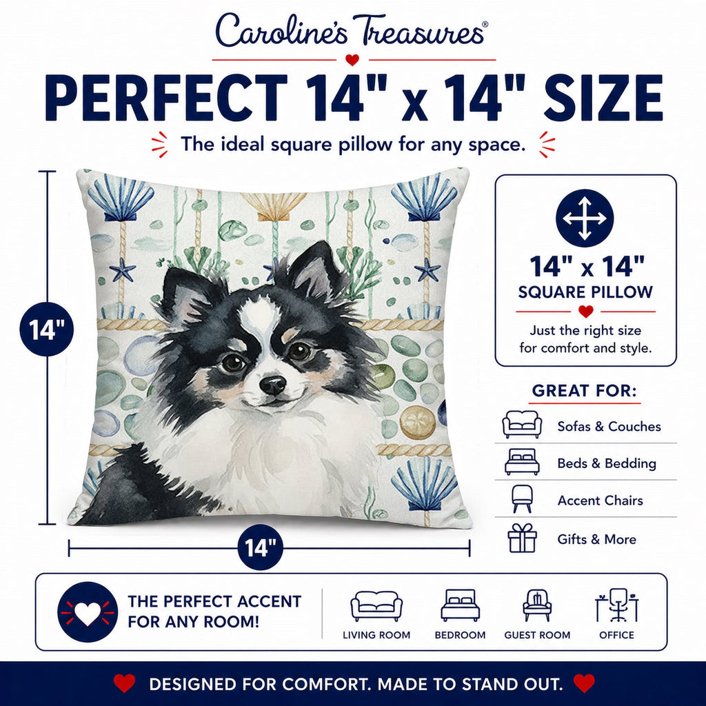 Black and White Pomeranian Coastal Sea Glass Decorative Throw Pillow 14x14 Indoor Outdoor Accent Cushion, Fabric Cover with Insert for Sofa, Bed, Porch & Living Room