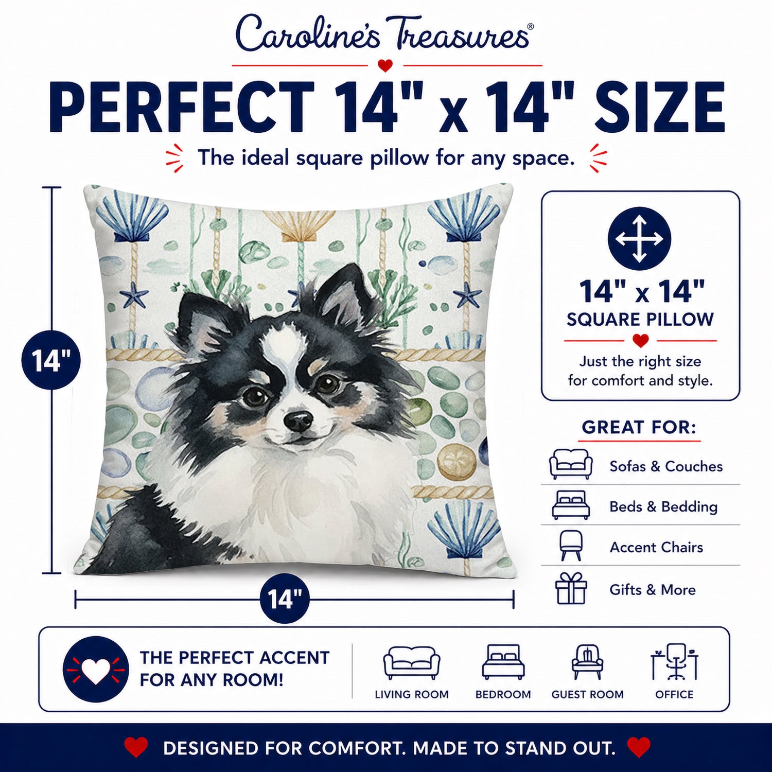 Black and White Pomeranian Coastal Sea Glass Decorative Throw Pillow 14x14 Indoor Outdoor Accent Cushion, Fabric Cover with Insert for Sofa, Bed, Porch & Living Room