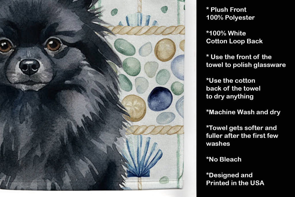 Black Pomeranian Coastal Sea Glass Kitchen Towel Velour Plush Front and Cotton Loop Back Machine Washable