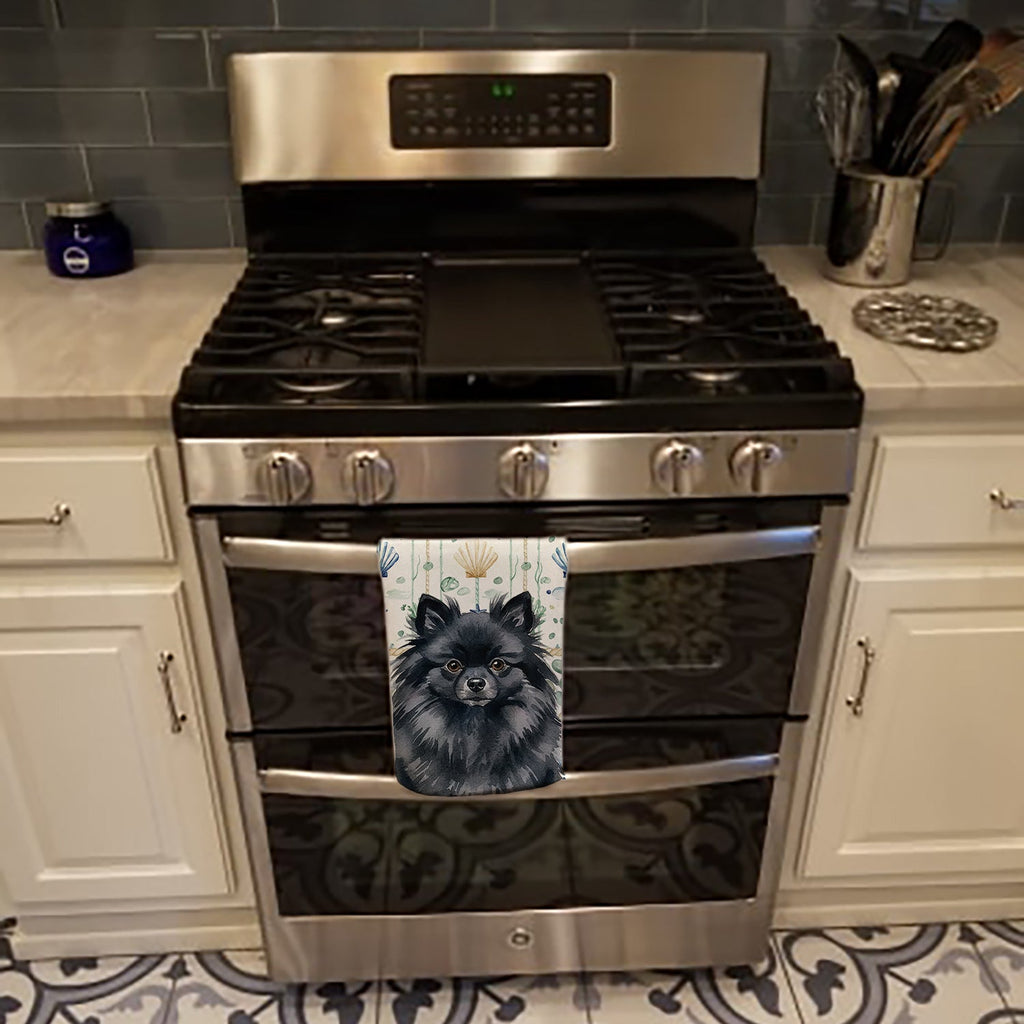 Black Pomeranian Coastal Sea Glass Kitchen Towel Velour Plush Front and Cotton Loop Back Machine Washable