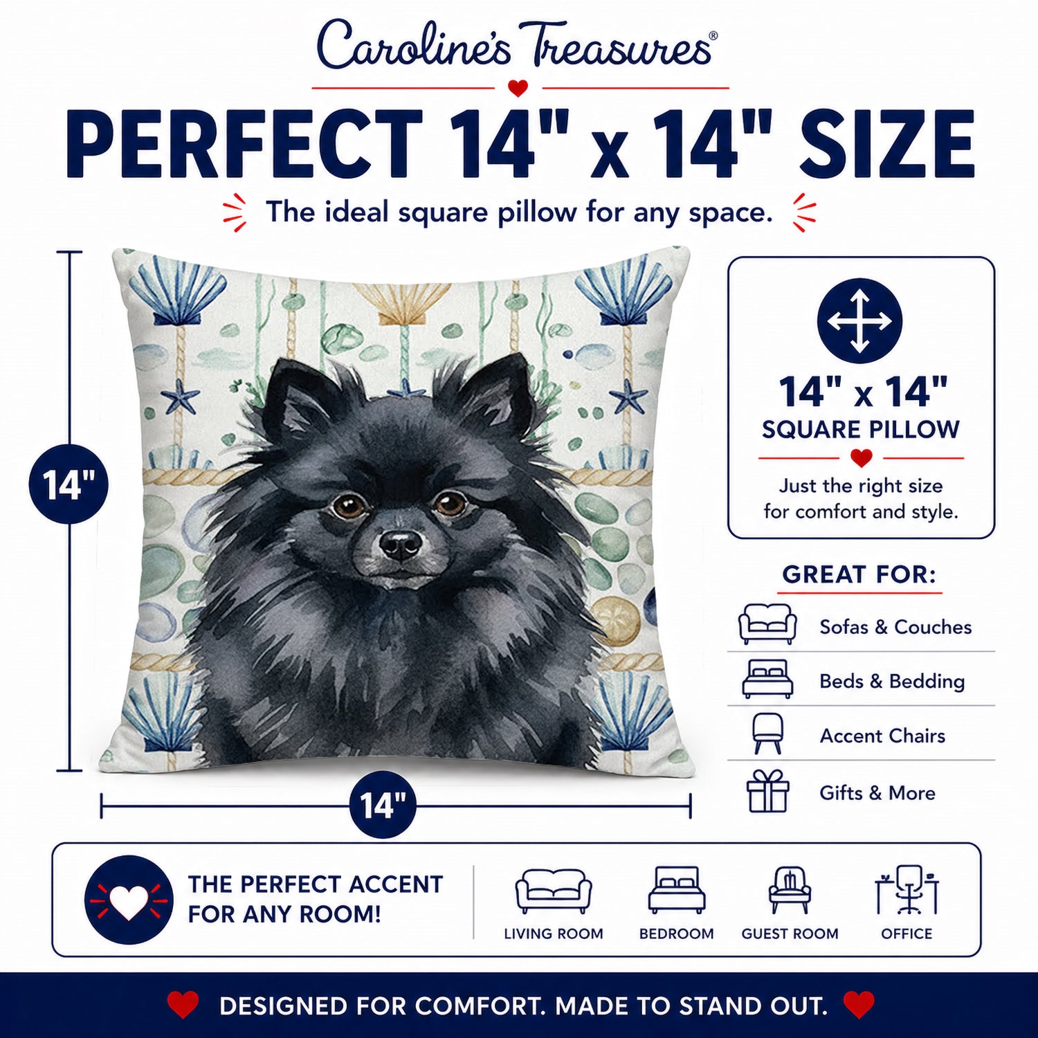 Black Pomeranian Coastal Sea Glass Decorative Throw Pillow 14x14 Indoor Outdoor Accent Cushion, Fabric Cover with Insert for Sofa, Bed, Porch & Living Room