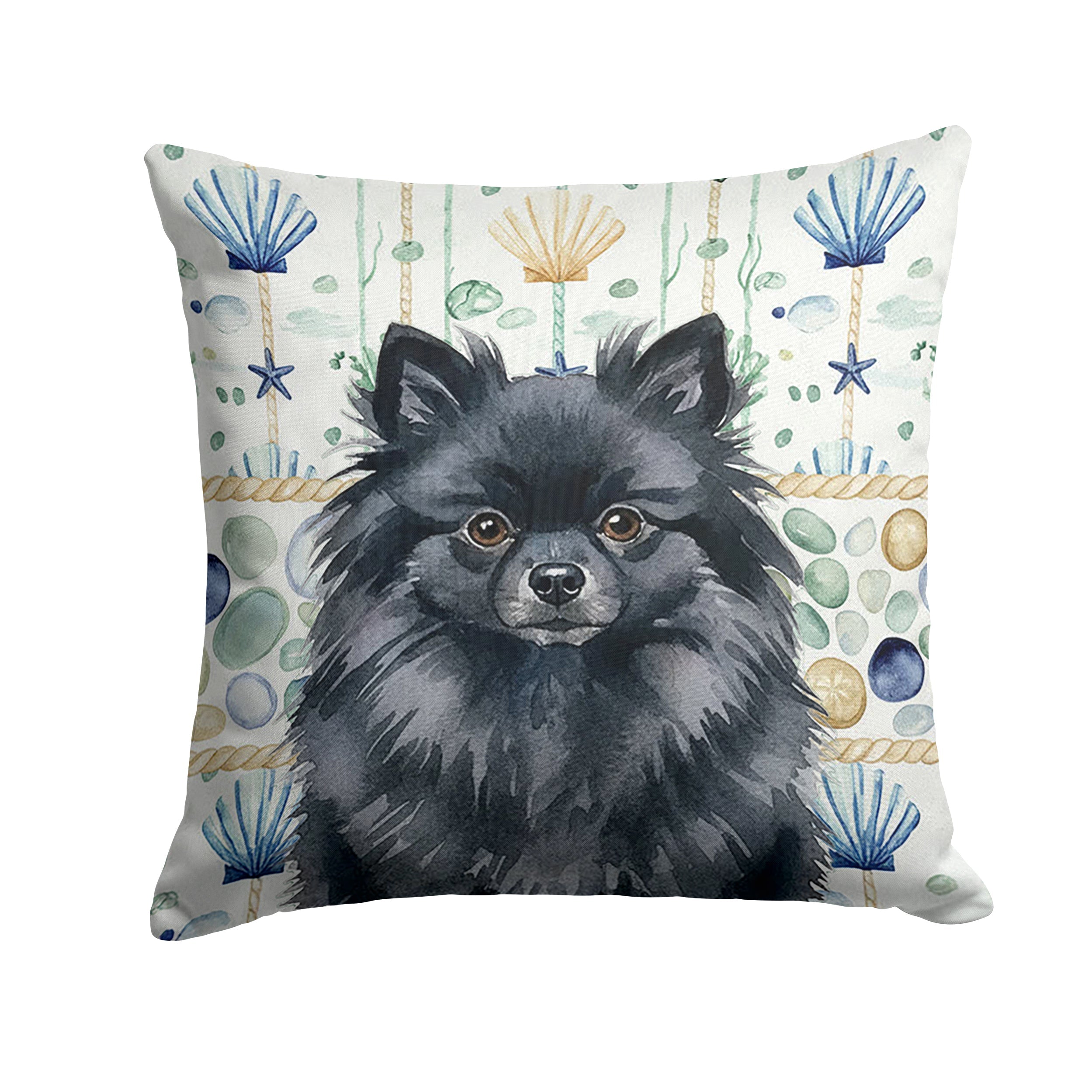 Black Pomeranian Coastal Sea Glass Decorative Throw Pillow 14x14 Indoor Outdoor Accent Cushion, Fabric Cover with Insert for Sofa, Bed, Porch & Living Room