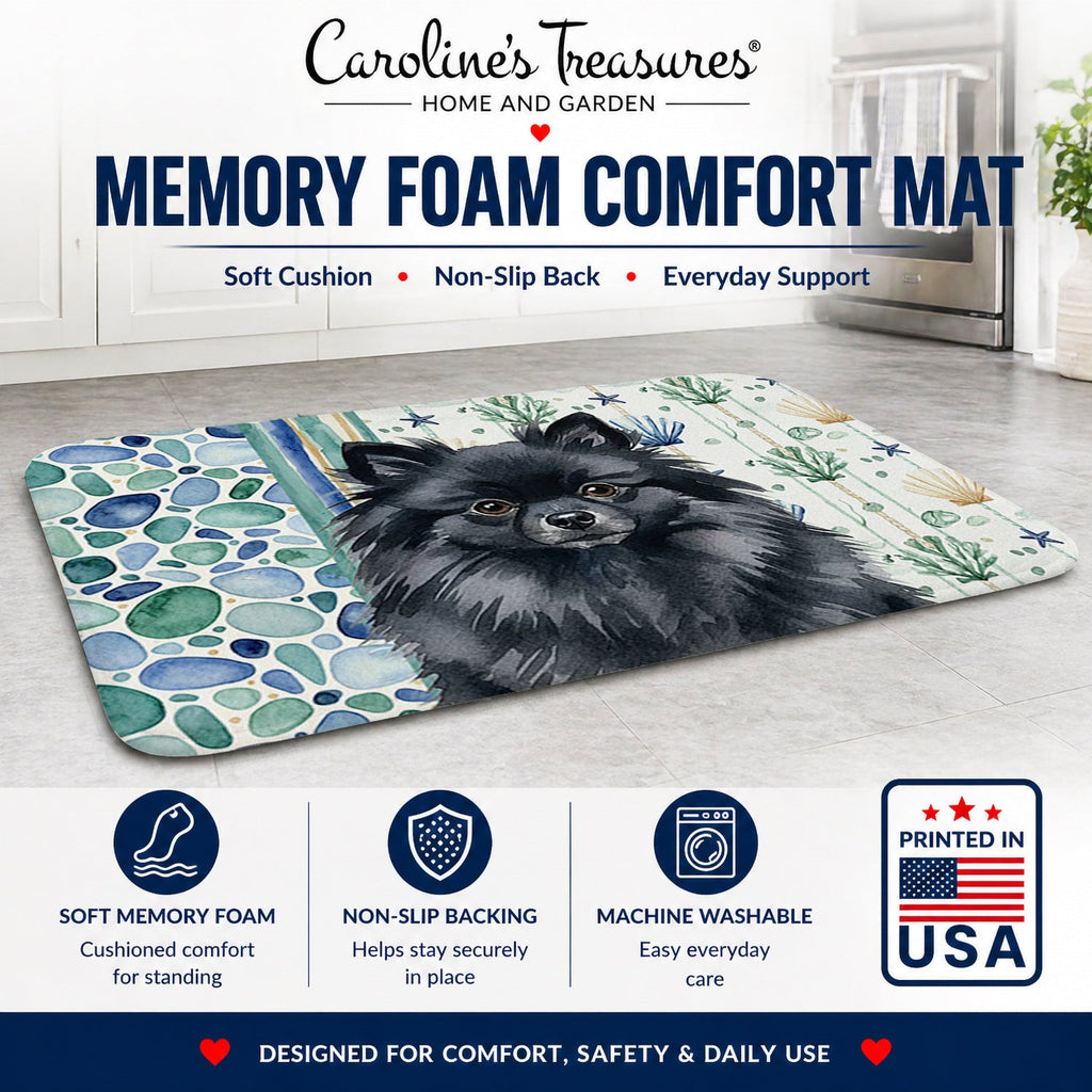 Black Pomeranian Coastal Sea Glass Memory Foam Kitchen Mat Machine Washable Anti-Fatigue Cushion Comfort Bath or Kitchen Rug
