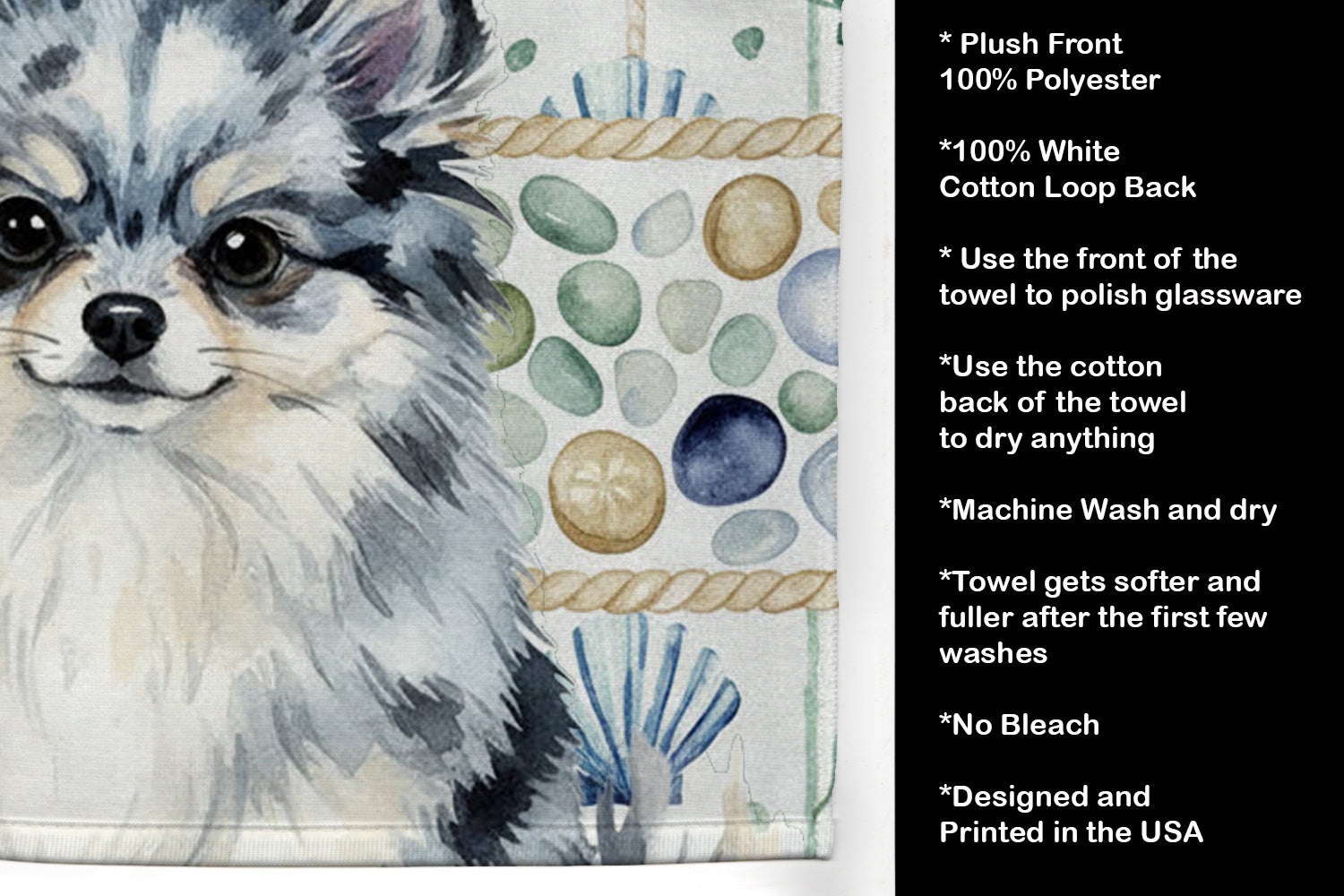 Blue Merle Pomeranian Coastal Sea Glass Kitchen Towel Velour Plush Front and Cotton Loop Back Machine Washable
