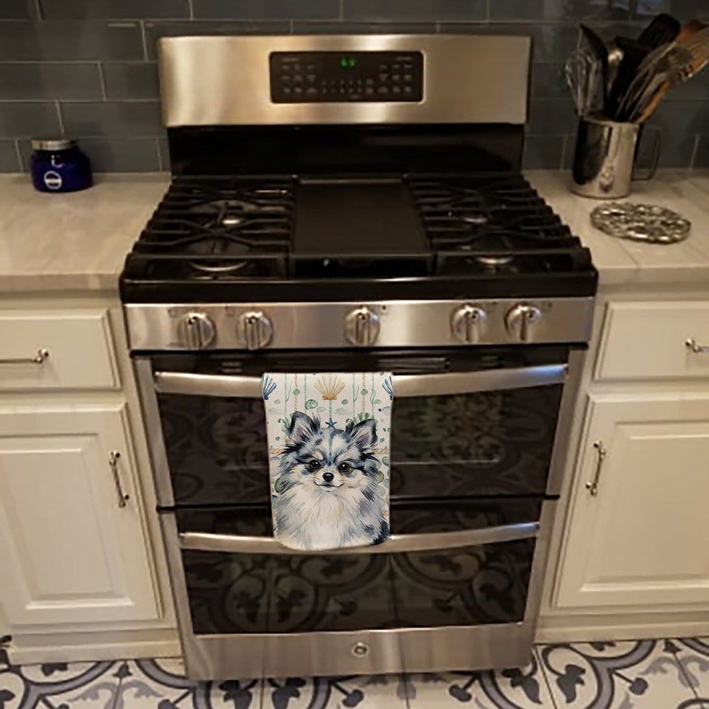 Blue Merle Pomeranian Coastal Sea Glass Kitchen Towel Velour Plush Front and Cotton Loop Back Machine Washable