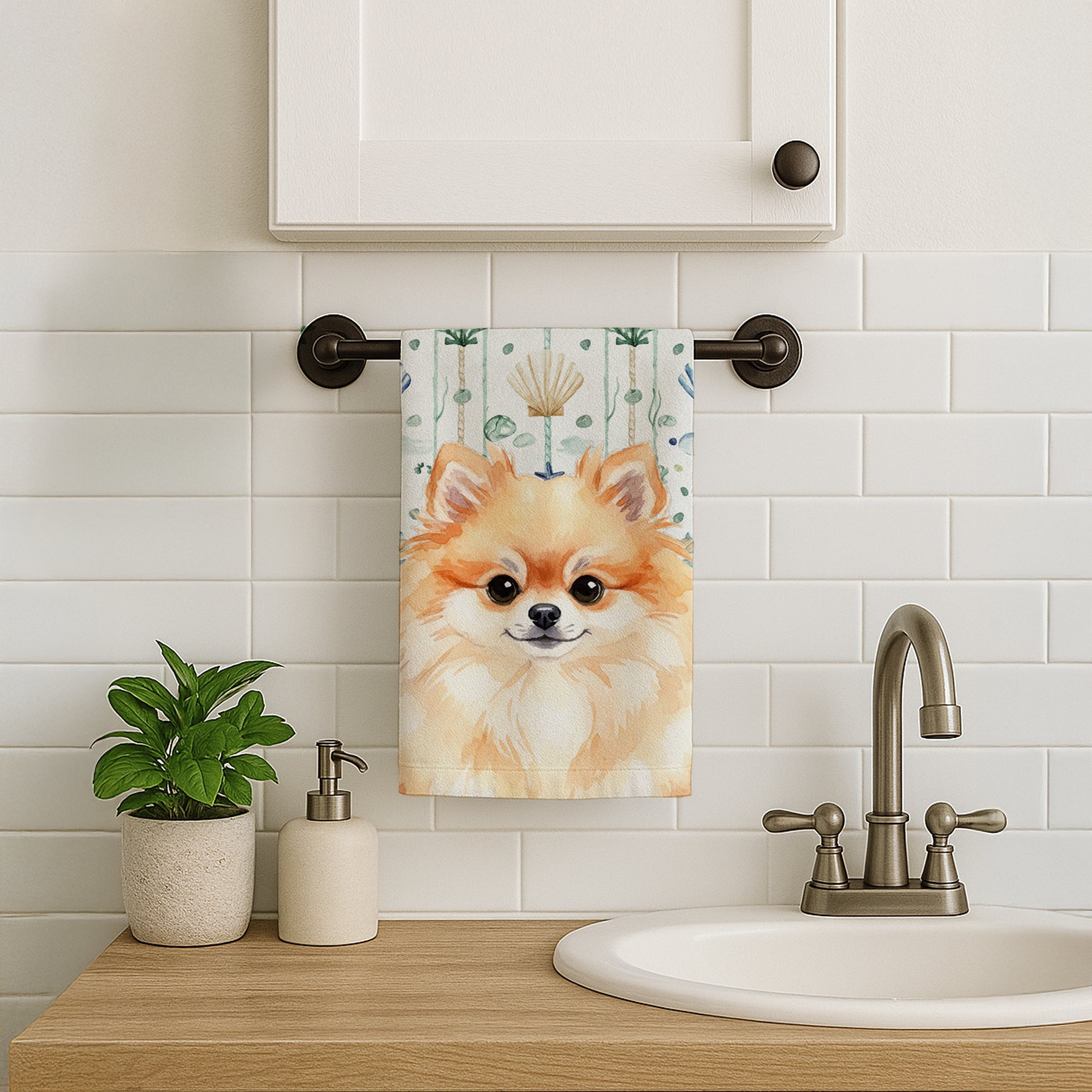 Pomeranian Coastal Sea Glass Kitchen Towel Velour Plush Front and Cotton Loop Back Machine Washable