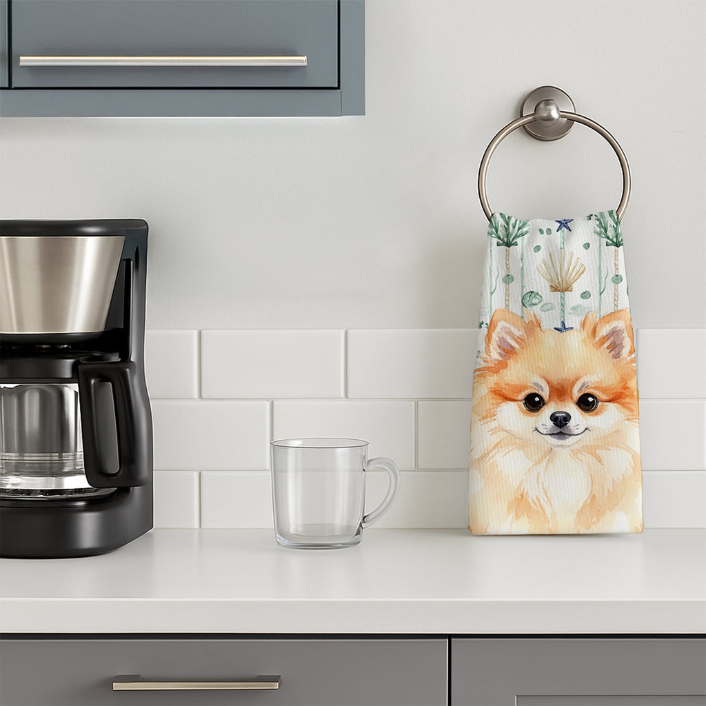 Pomeranian Coastal Sea Glass Kitchen Towel Velour Plush Front and Cotton Loop Back Machine Washable