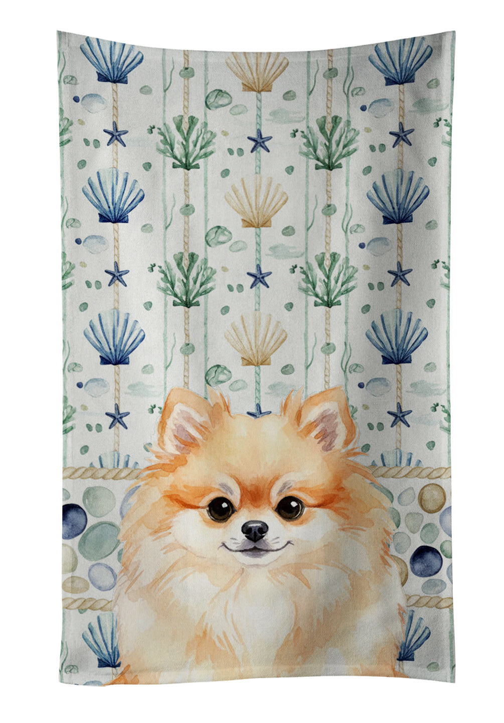 Pomeranian Coastal Sea Glass Kitchen Towel Velour Plush Front and Cotton Loop Back Machine Washable