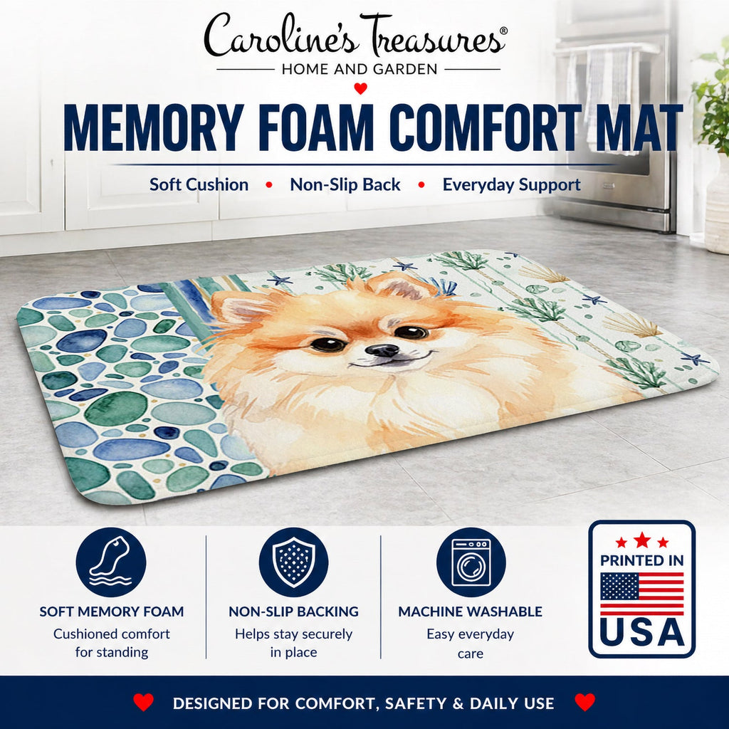 Pomeranian Coastal Sea Glass Memory Foam Kitchen Mat Machine Washable Anti-Fatigue Cushion Comfort Bath or Kitchen Rug