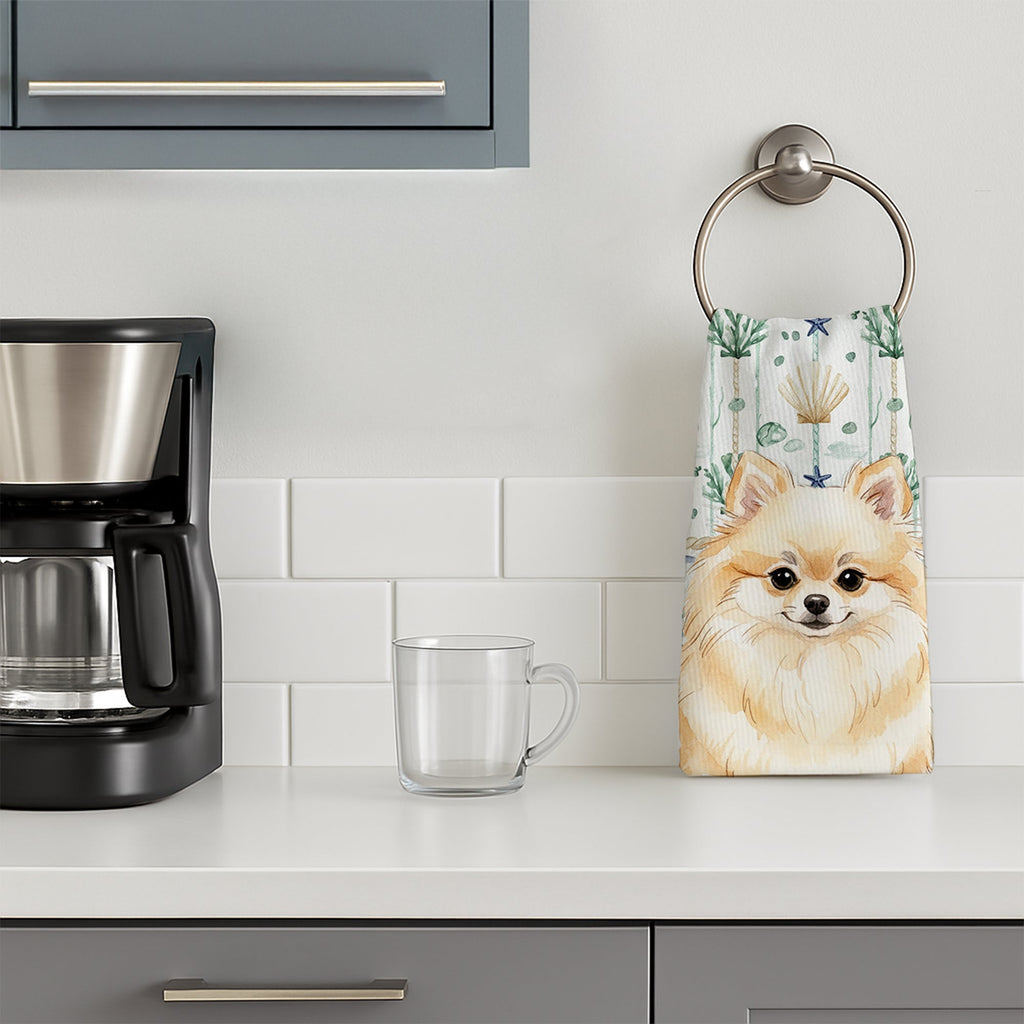 Cream Pomeranian Coastal Sea Glass Kitchen Towel Velour Plush Front and Cotton Loop Back Machine Washable
