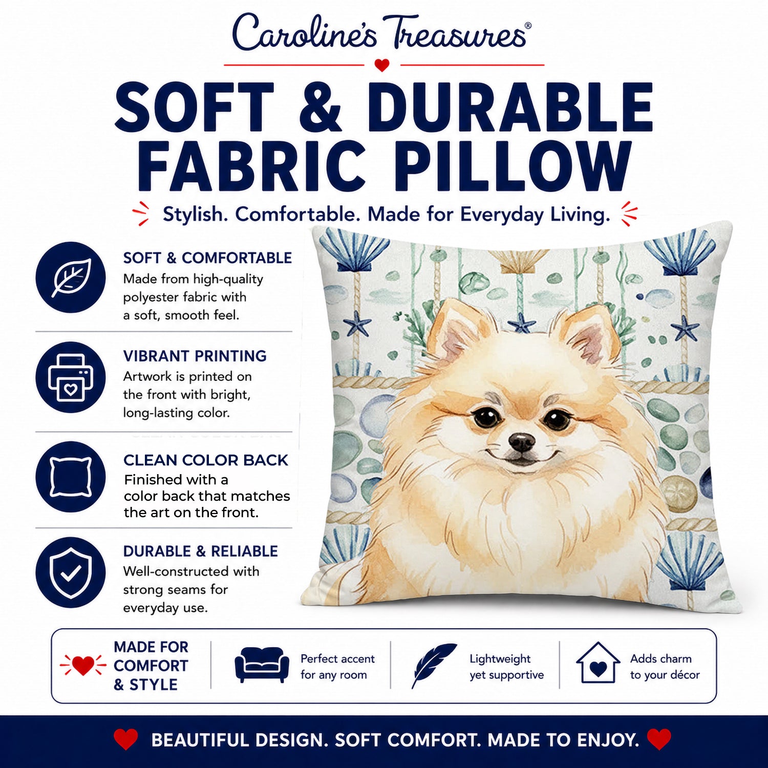 Cream Pomeranian Coastal Sea Glass Decorative Throw Pillow 18x18 Indoor Outdoor Accent Cushion, Fabric Cover with Insert for Sofa, Bed, Porch & Living Room