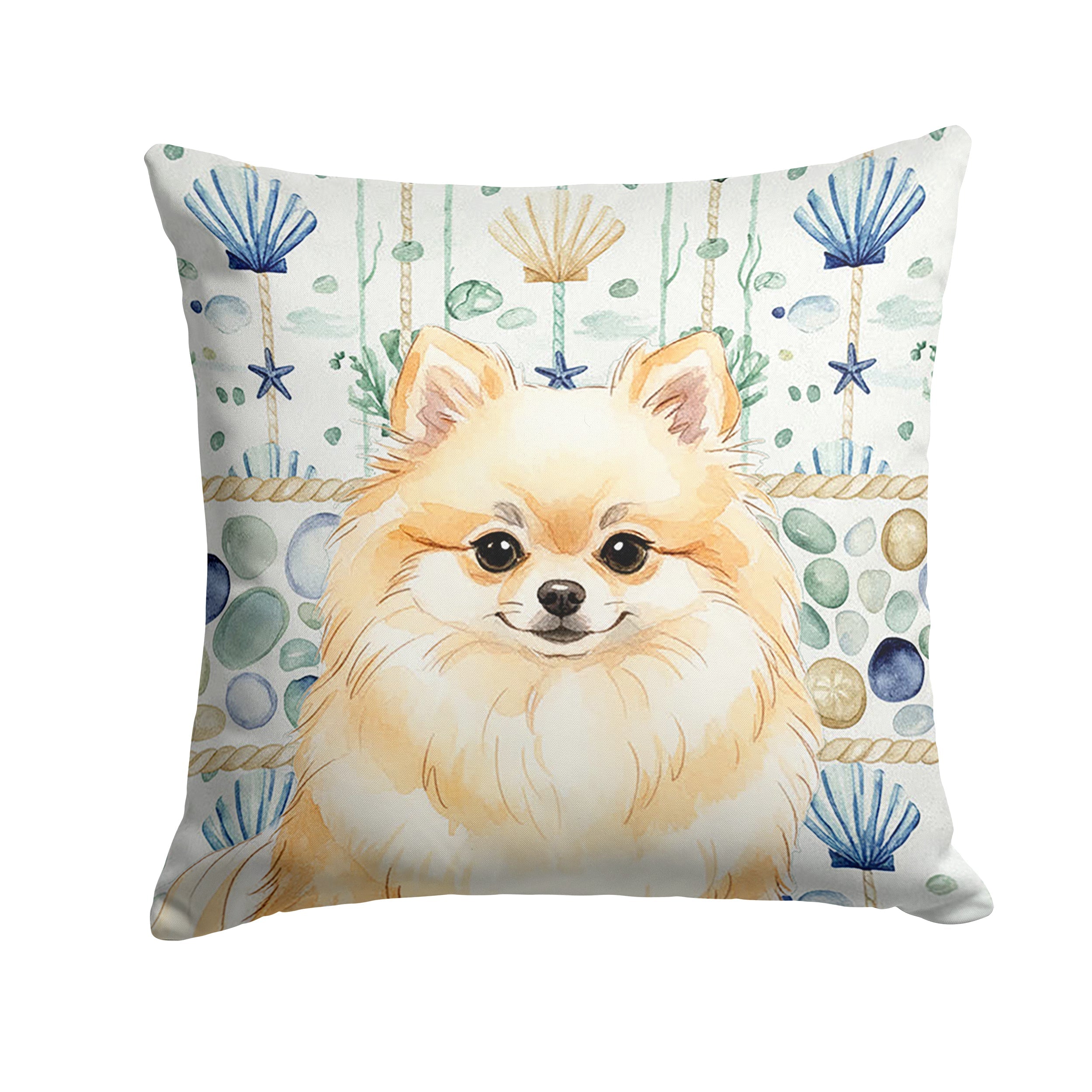 Cream Pomeranian Coastal Sea Glass Decorative Throw Pillow 18x18 Indoor Outdoor Accent Cushion, Fabric Cover with Insert for Sofa, Bed, Porch & Living Room