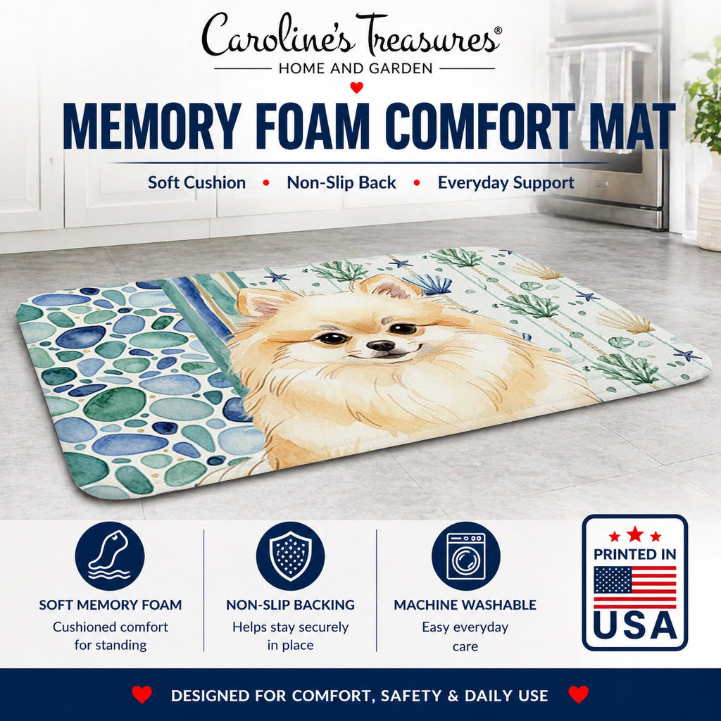 Cream Pomeranian Coastal Sea Glass Memory Foam Kitchen Mat Machine Washable Anti-Fatigue Cushion Comfort Bath or Kitchen Rug