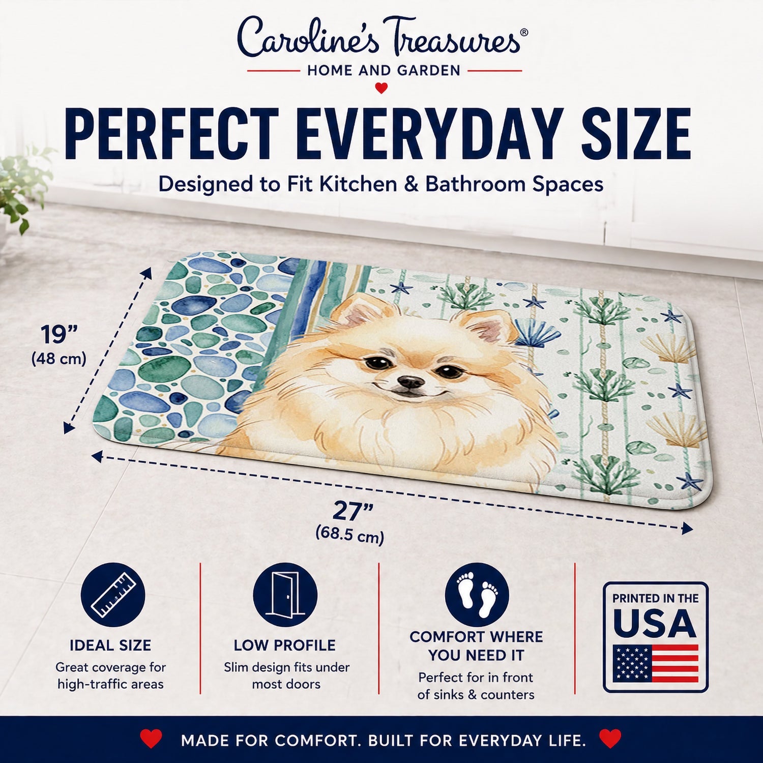 Cream Pomeranian Coastal Sea Glass Memory Foam Kitchen Mat Machine Washable Anti-Fatigue Cushion Comfort Bath or Kitchen Rug