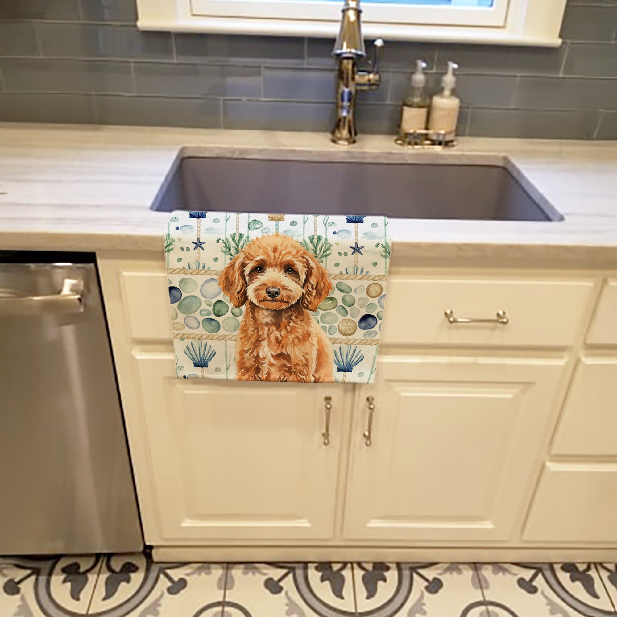 Miniature Apricot Poodle Coastal Sea Glass Kitchen Towel Velour Plush Front and Cotton Loop Back Machine Washable