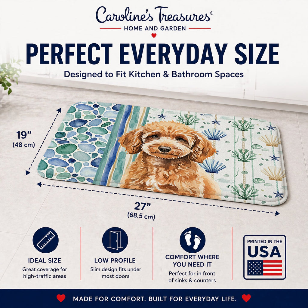 Miniature Apricot Poodle Coastal Sea Glass Memory Foam Kitchen Mat Machine Washable Anti-Fatigue Cushion Comfort Bath or Kitchen Rug