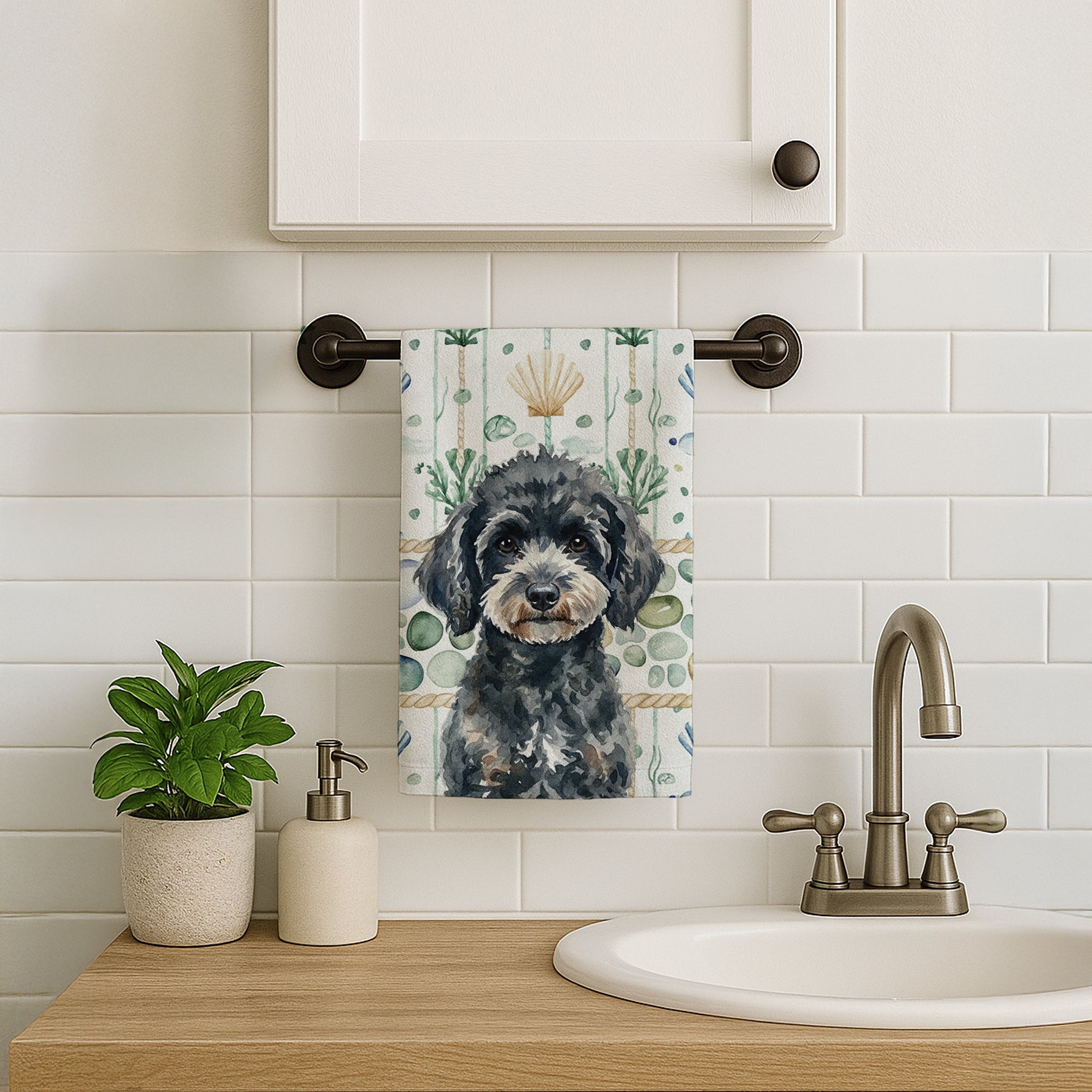 Miniature Black Poodle Coastal Sea Glass Kitchen Towel Velour Plush Front and Cotton Loop Back Machine Washable