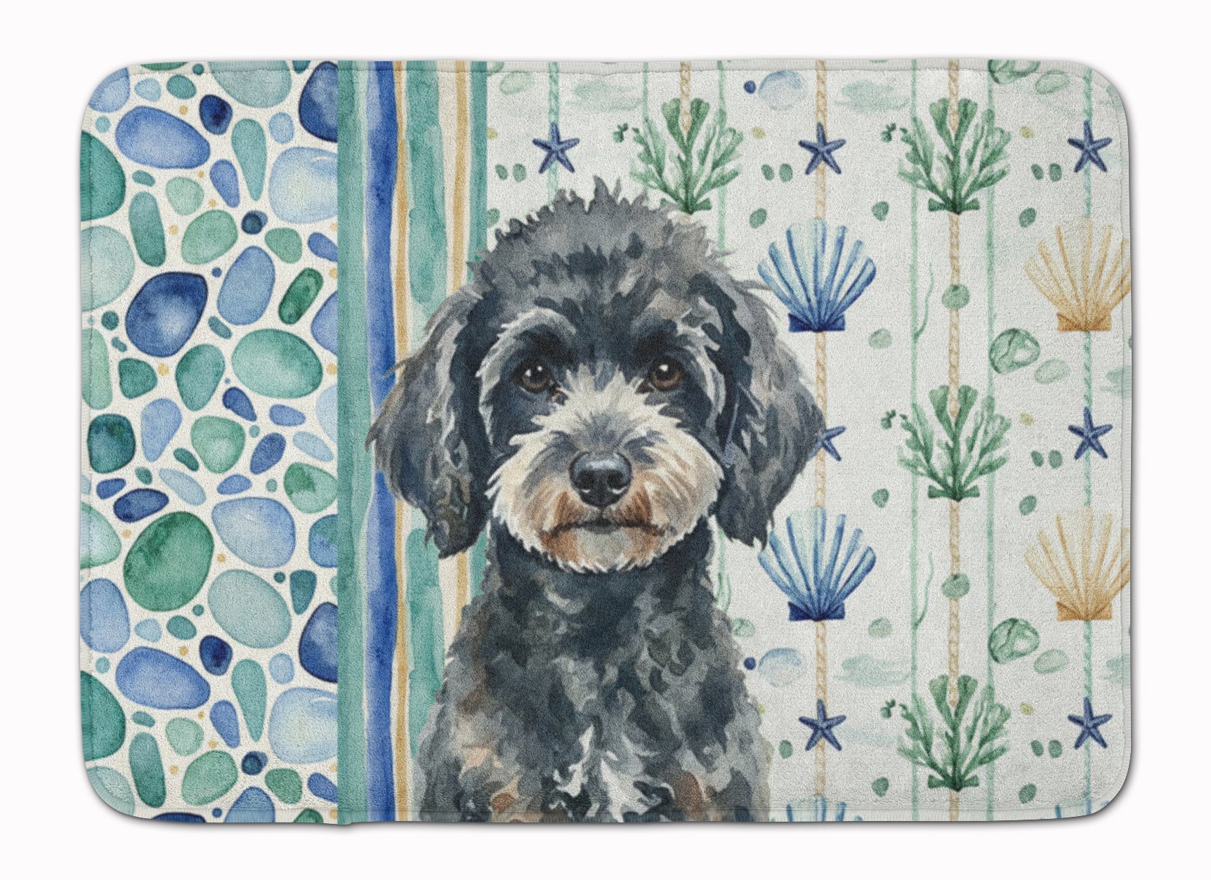Miniature Black Poodle Coastal Sea Glass Memory Foam Kitchen Mat Machine Washable Anti-Fatigue Cushion Comfort Bath or Kitchen Rug