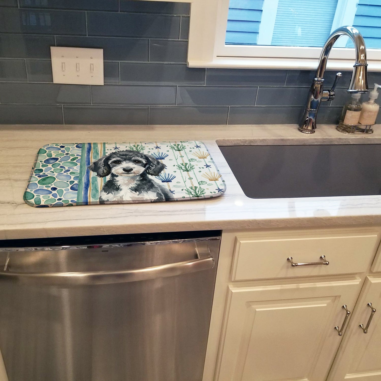 Miniature Parti Poodle Coastal Sea Glass Dish Drying Mat Absorbent Dish Drying Mat Pad for Kitchen Counter Dish Drainer Mat for Countertop, 14 x 21", Multicolor