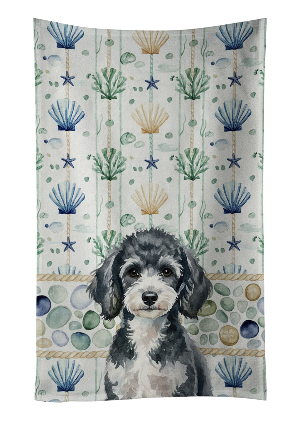 Miniature Parti Poodle Coastal Sea Glass Kitchen Towel Velour Plush Front and Cotton Loop Back Machine Washable