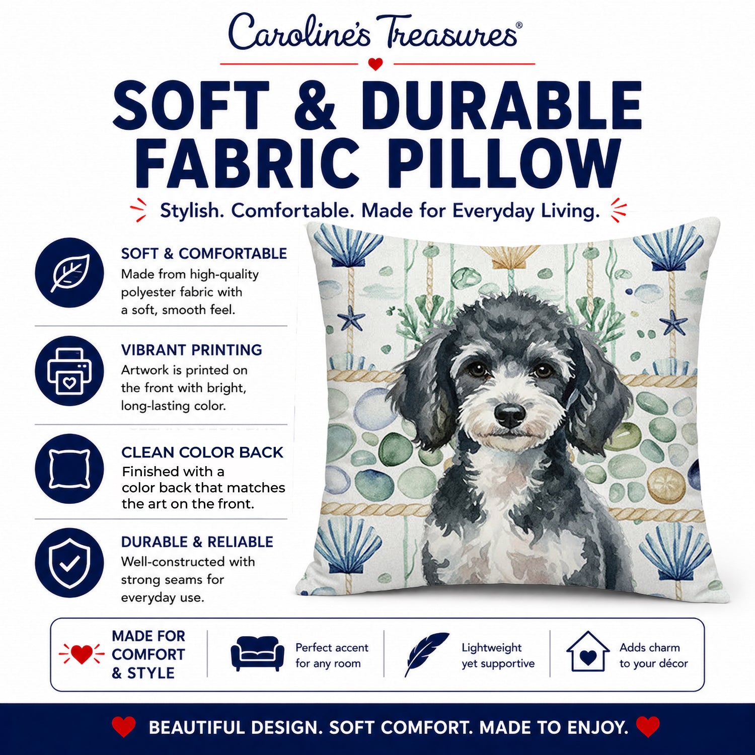 Miniature Parti Poodle Coastal Sea Glass Decorative Throw Pillow 14x14 Indoor Outdoor Accent Cushion, Fabric Cover with Insert for Sofa, Bed, Porch & Living Room
