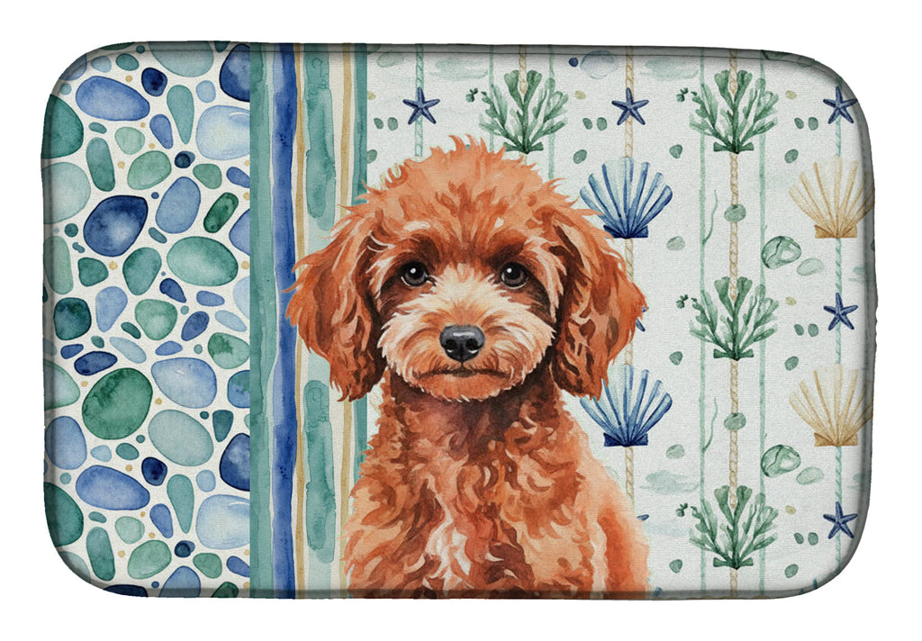 Miniature Red Poodle Coastal Sea Glass Dish Drying Mat Absorbent Dish Drying Mat Pad for Kitchen Counter Dish Drainer Mat for Countertop, 14 x 21", Multicolor