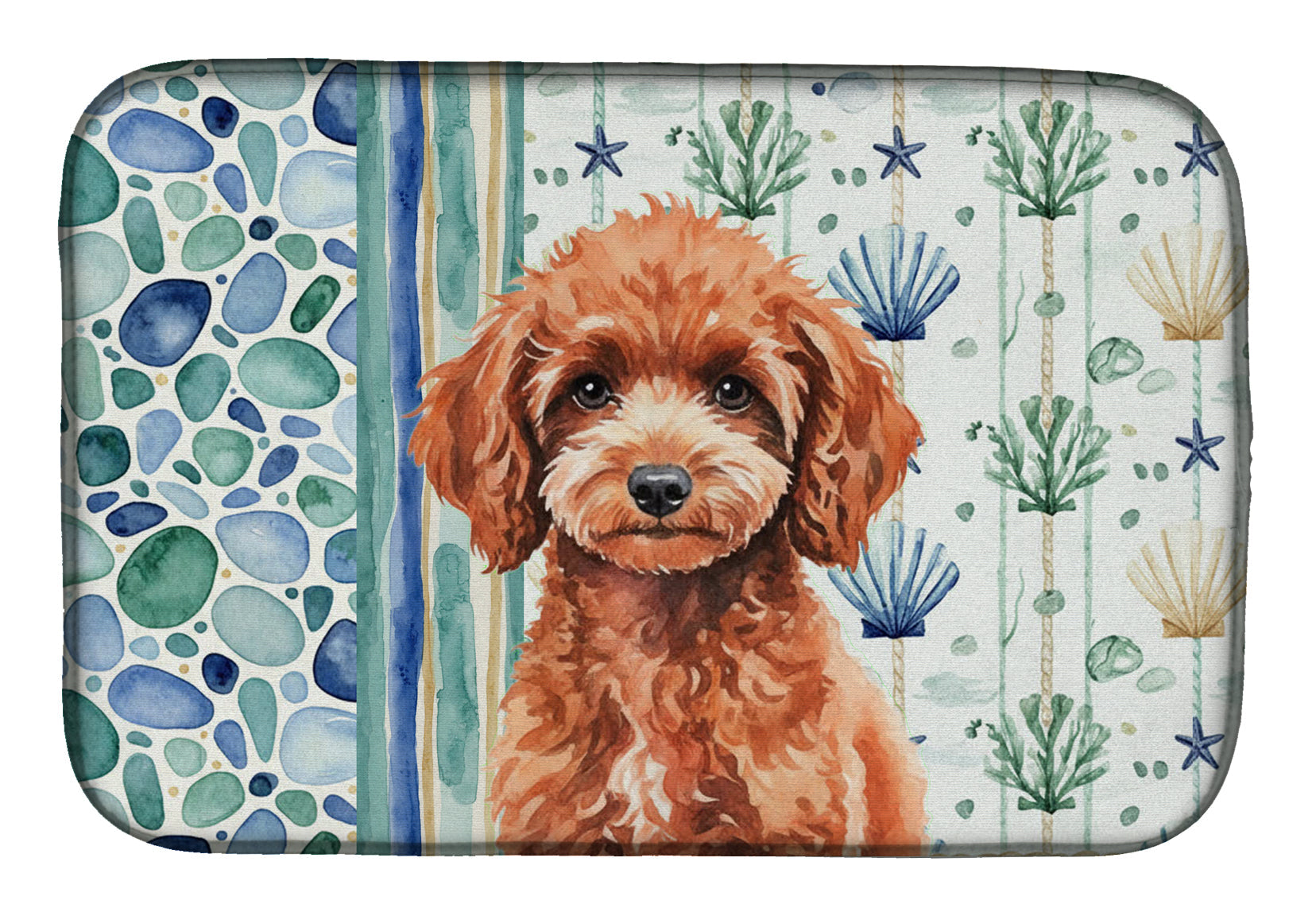 Miniature Red Poodle Coastal Sea Glass Dish Drying Mat Absorbent Dish Drying Mat Pad for Kitchen Counter Dish Drainer Mat for Countertop, 14 x 21", Multicolor