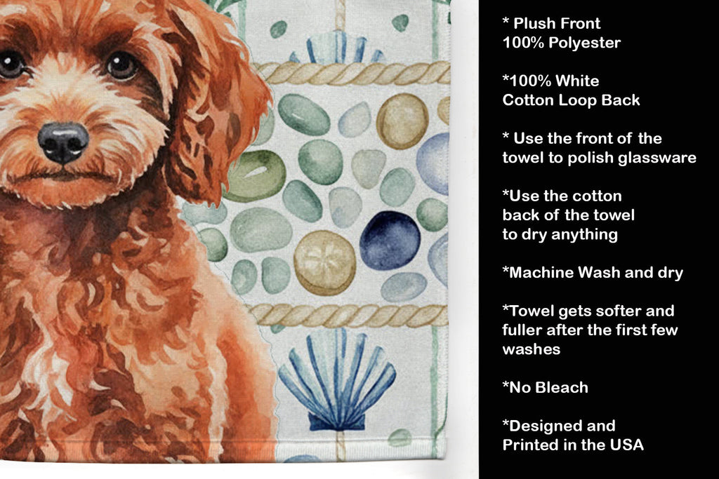 Miniature Red Poodle Coastal Sea Glass Kitchen Towel Velour Plush Front and Cotton Loop Back Machine Washable