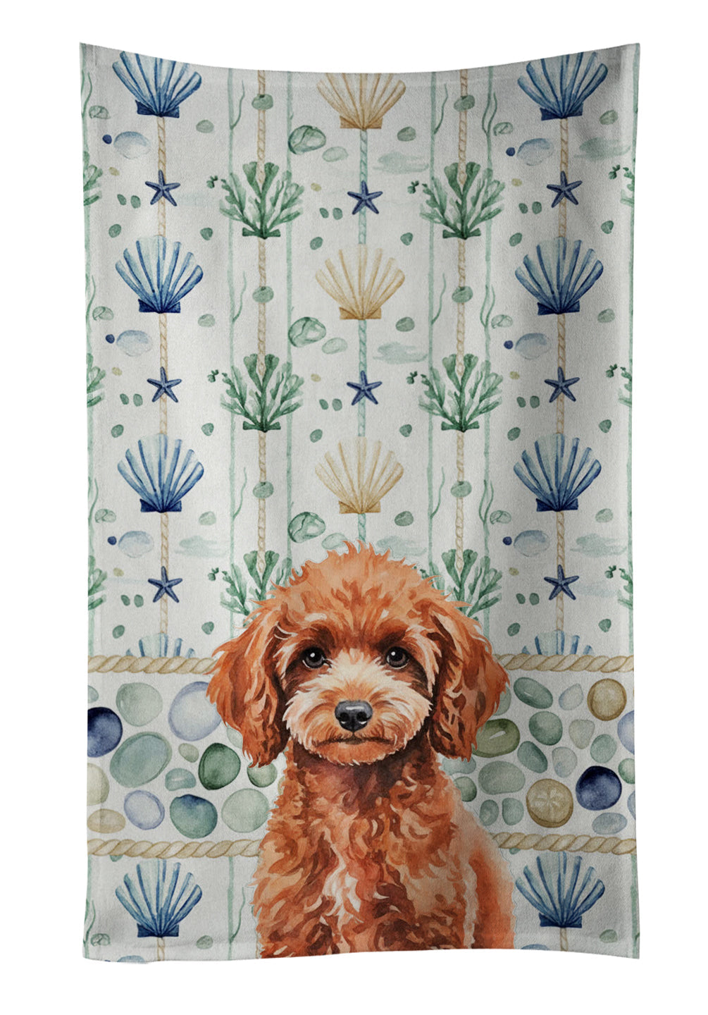 Miniature Red Poodle Coastal Sea Glass Kitchen Towel Velour Plush Front and Cotton Loop Back Machine Washable