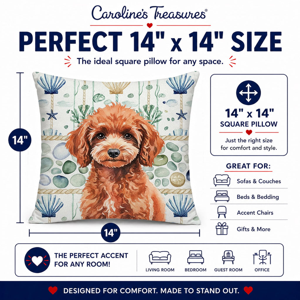 Miniature Red Poodle Coastal Sea Glass Decorative Throw Pillow 14x14 Indoor Outdoor Accent Cushion, Fabric Cover with Insert for Sofa, Bed, Porch & Living Room