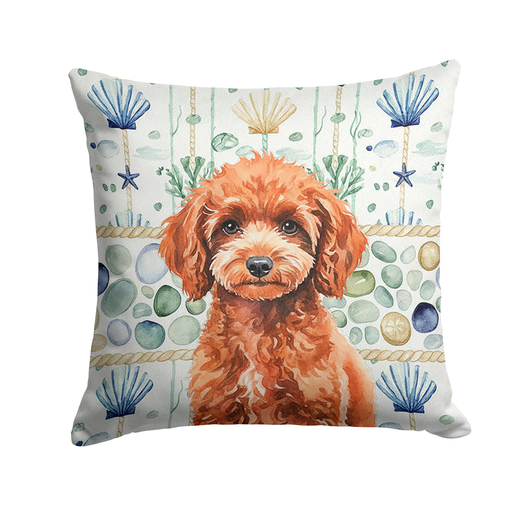 Miniature Red Poodle Coastal Sea Glass Decorative Throw Pillow 14x14 Indoor Outdoor Accent Cushion, Fabric Cover with Insert for Sofa, Bed, Porch & Living Room