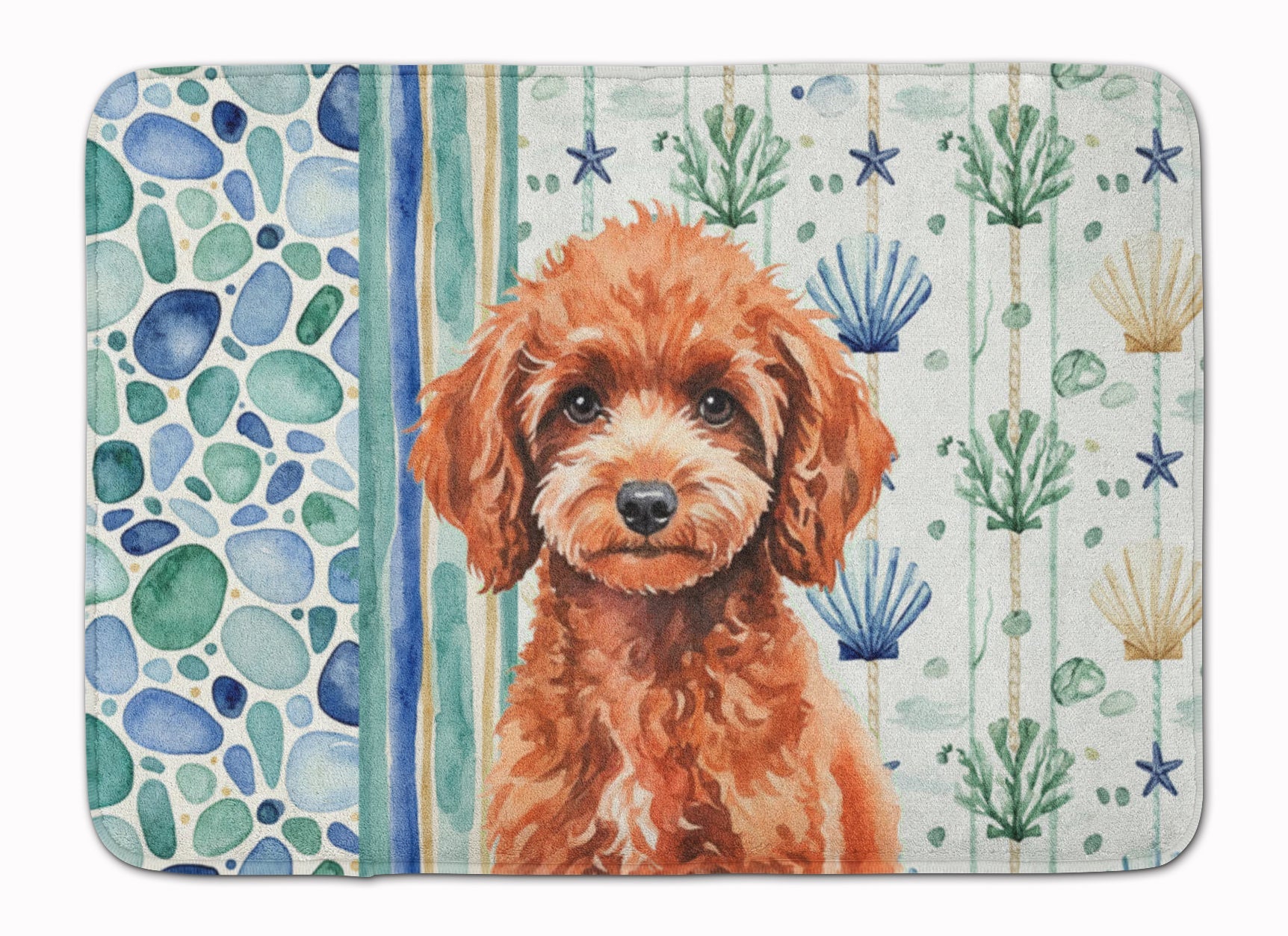 Miniature Red Poodle Coastal Sea Glass Memory Foam Kitchen Mat Machine Washable Anti-Fatigue Cushion Comfort Bath or Kitchen Rug
