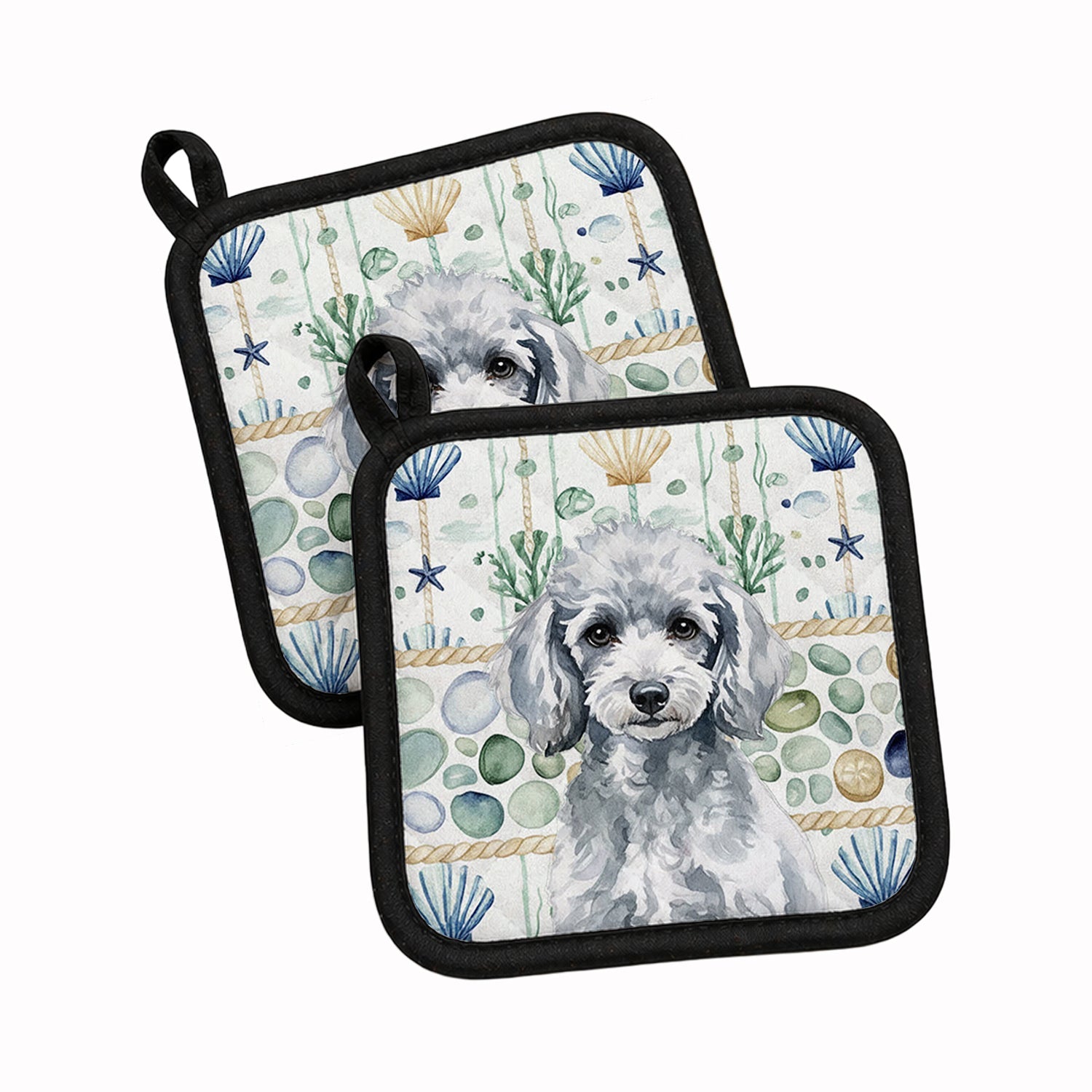 Miniature Silver Poodle Coastal Sea Glass Pot Holder Set of 2 Heat Resistant Quilted Hot Pads 7.5 x 7.5 Inch, Insulated Kitchen Trivets for Cooking & Baking
