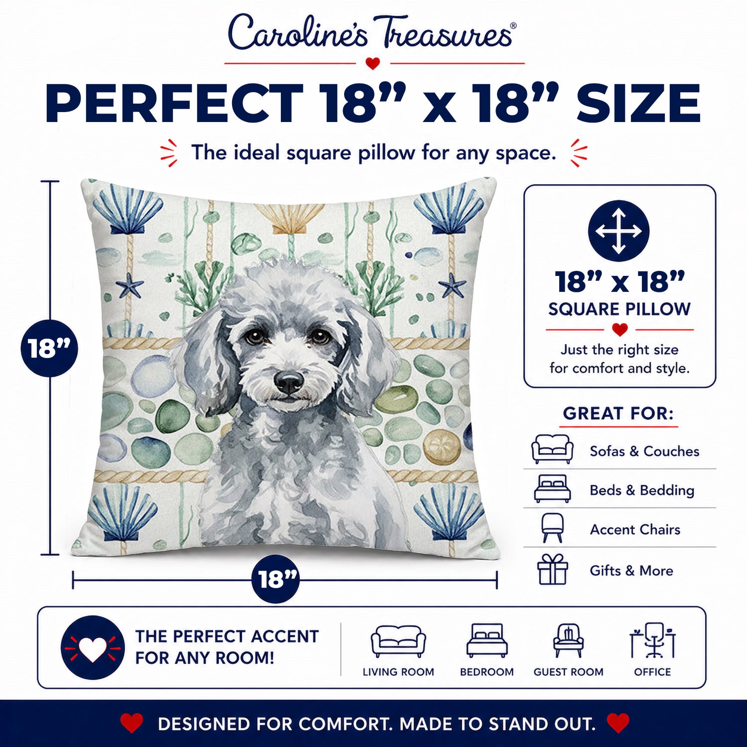 Miniature Silver Poodle Coastal Sea Glass Decorative Throw Pillow 18x18 Indoor Outdoor Accent Cushion, Fabric Cover with Insert for Sofa, Bed, Porch & Living Room