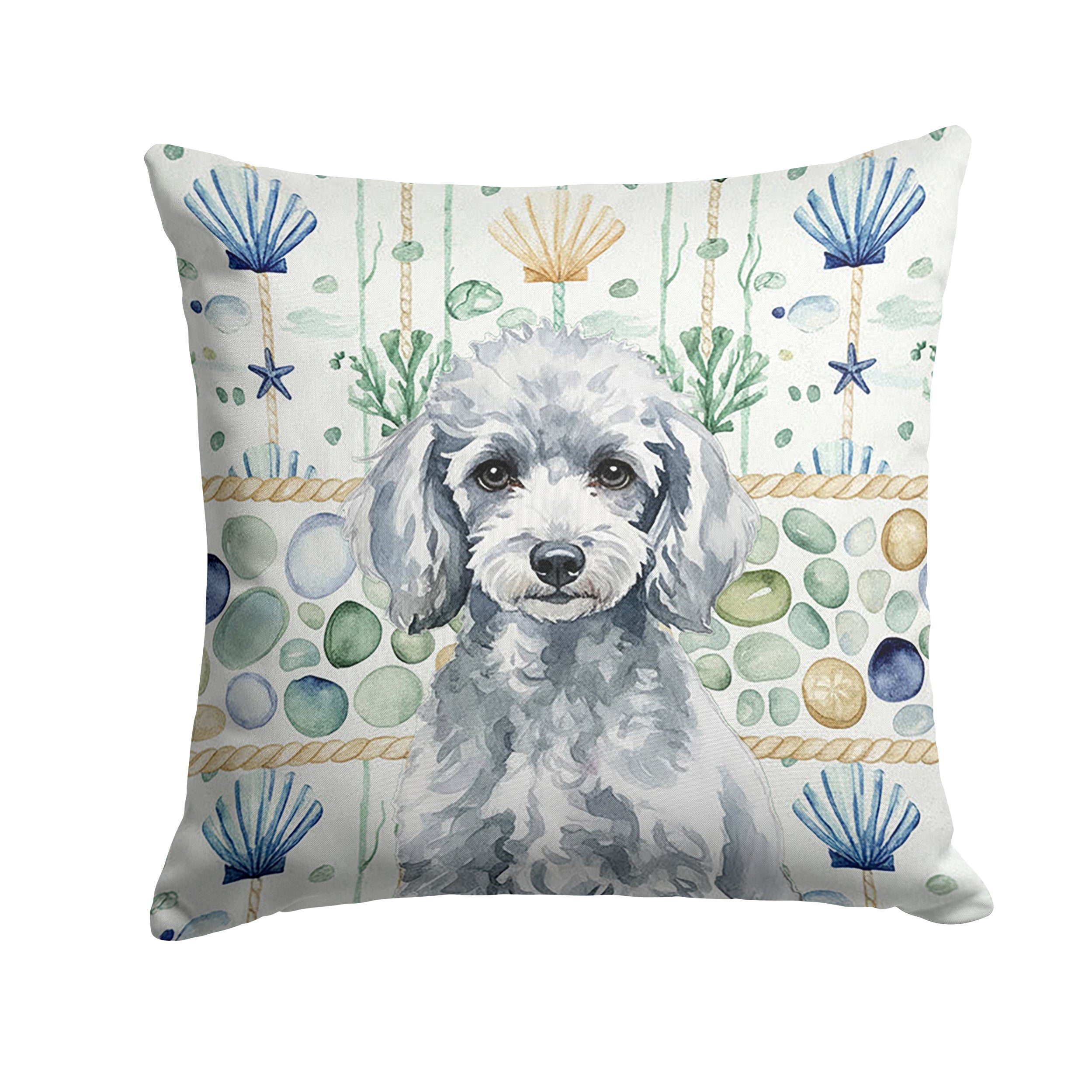 Miniature Silver Poodle Coastal Sea Glass Decorative Throw Pillow 18x18 Indoor Outdoor Accent Cushion, Fabric Cover with Insert for Sofa, Bed, Porch & Living Room