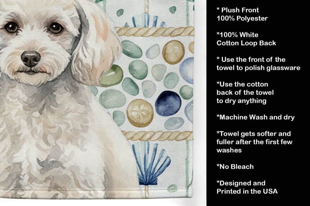 Miniature White Poodle Coastal Sea Glass Kitchen Towel Velour Plush Front and Cotton Loop Back Machine Washable