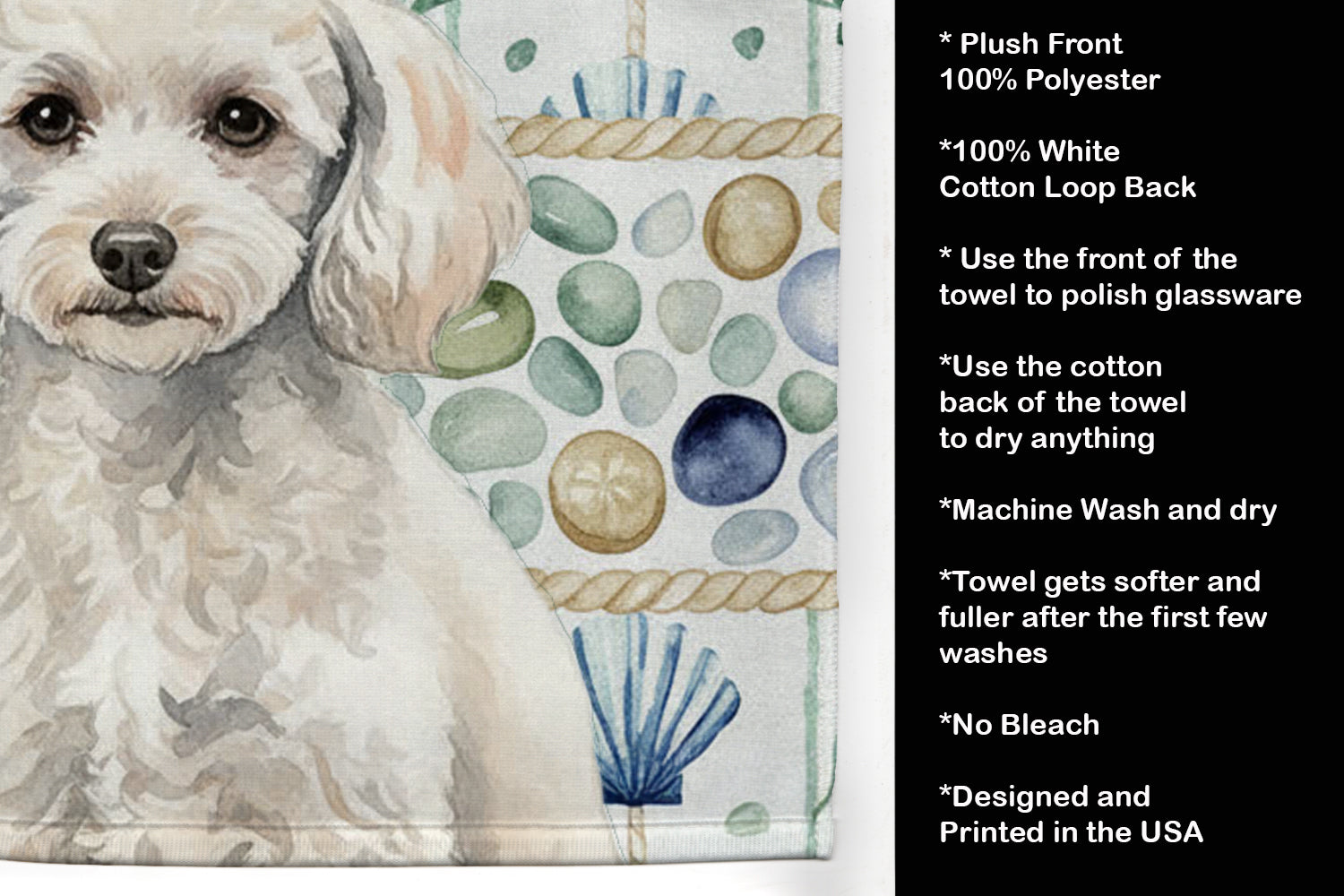 Miniature White Poodle Coastal Sea Glass Kitchen Towel Velour Plush Front and Cotton Loop Back Machine Washable