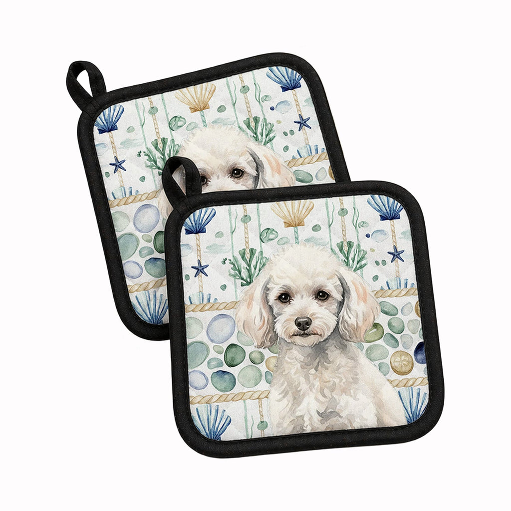 Miniature White Poodle Coastal Sea Glass Pot Holder Set of 2 Heat Resistant Quilted Hot Pads 7.5 x 7.5 Inch, Insulated Kitchen Trivets for Cooking & Baking